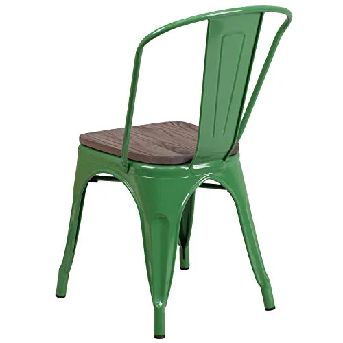 EMMA + OLIVER Green Metal Stackable Chair with Wood Seat