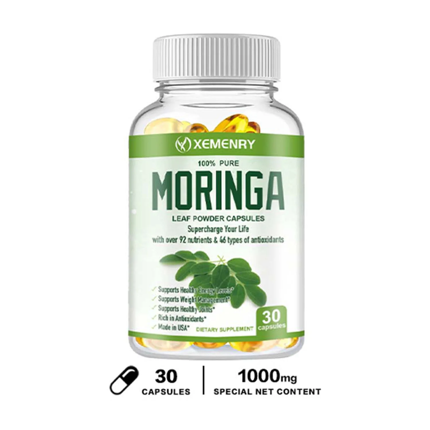 Xemenry Moringa Capsules 1000mg-Antioxidant Rich,Weight Loss,Metabolism,Immune Support(30/60/120pcs)