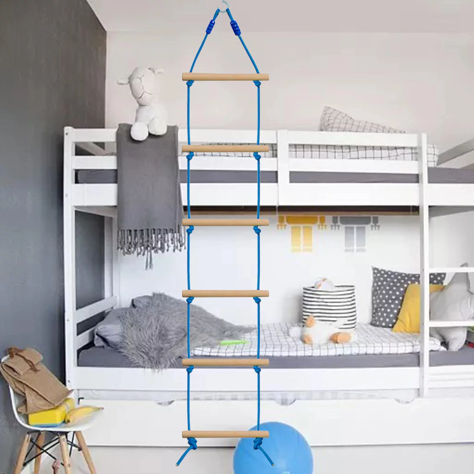 Rock Climbing Holds Set with Climbing Rope Ladder,Kid Climbing Grips DIY Wall Suits , Wooden blue and wooden