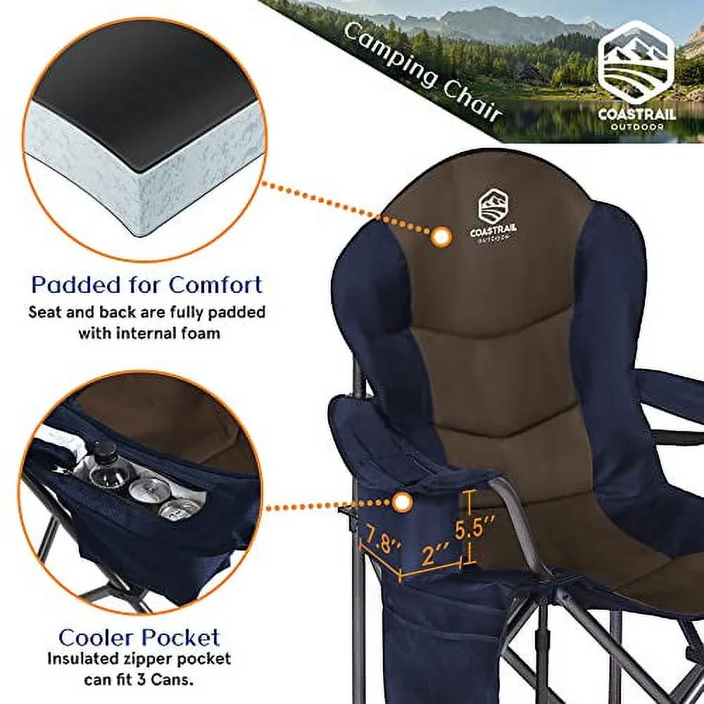 HUEZOE Outdoor Padded Camping Chair with Lumbar Back Support, Oversized Heavy Duty Lawn Chair Folding Quad Arm Chair with Cooler Bag, Cup Holder & Side Pocket, Supports 400lbs,