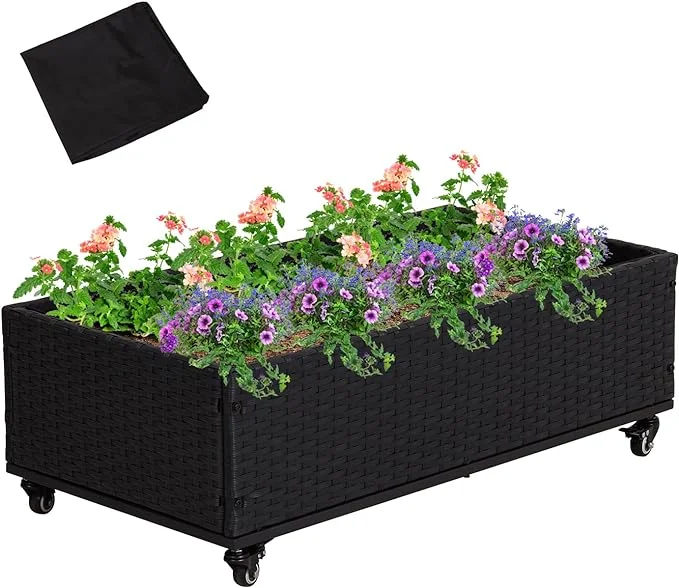 Rattan Garden Raised Bed, Outdoor Wicker Planter Box with Lockable Wheels and Liner, Portable Design for Garden, Patio, Balcony, Backyard, Black