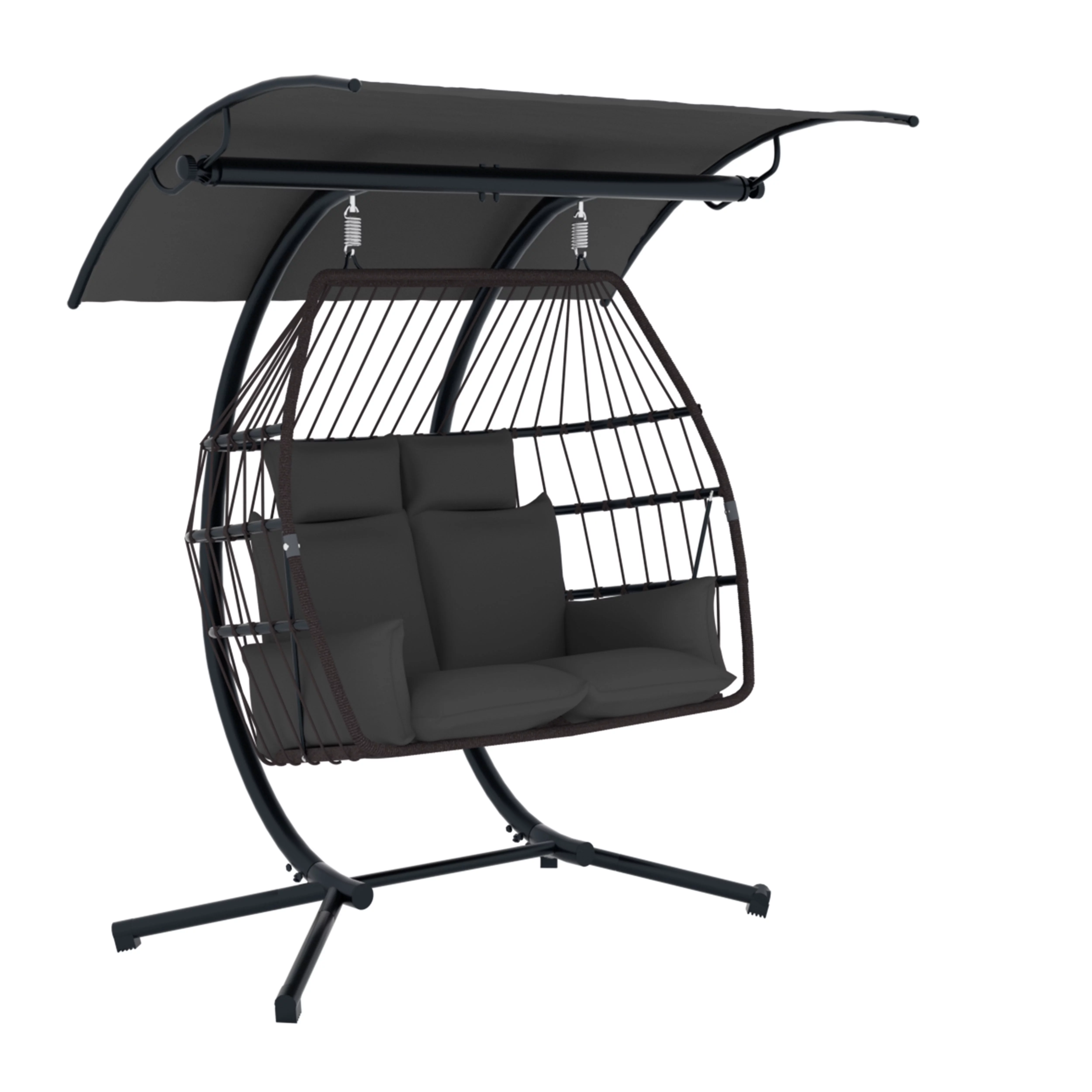 VEIKOUS 2-Seat Large Wicker Swing Egg Chair w/ Adjustable Canopy, Stand and Attachable Cushions, Grey