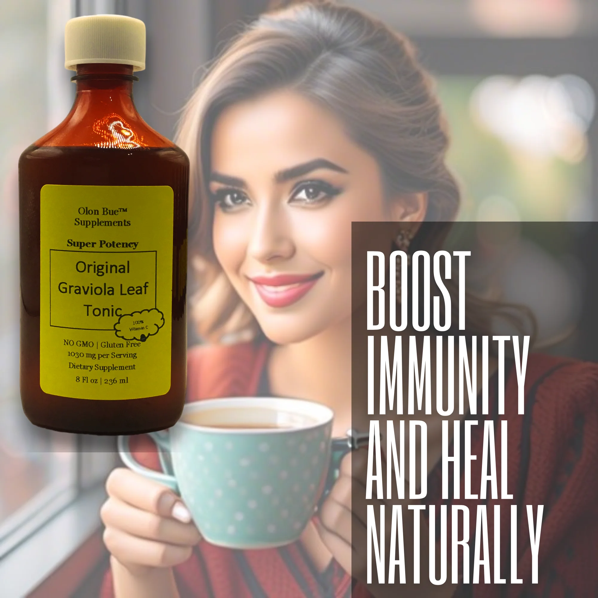 Graviola Soursop Leaf Liquid Extract Tonic, 1030 mg per serving Super Potency, with vitamin c Non GMO, vegan, immunity, energy, vitality - 8 oz - Olon Bue Supplements