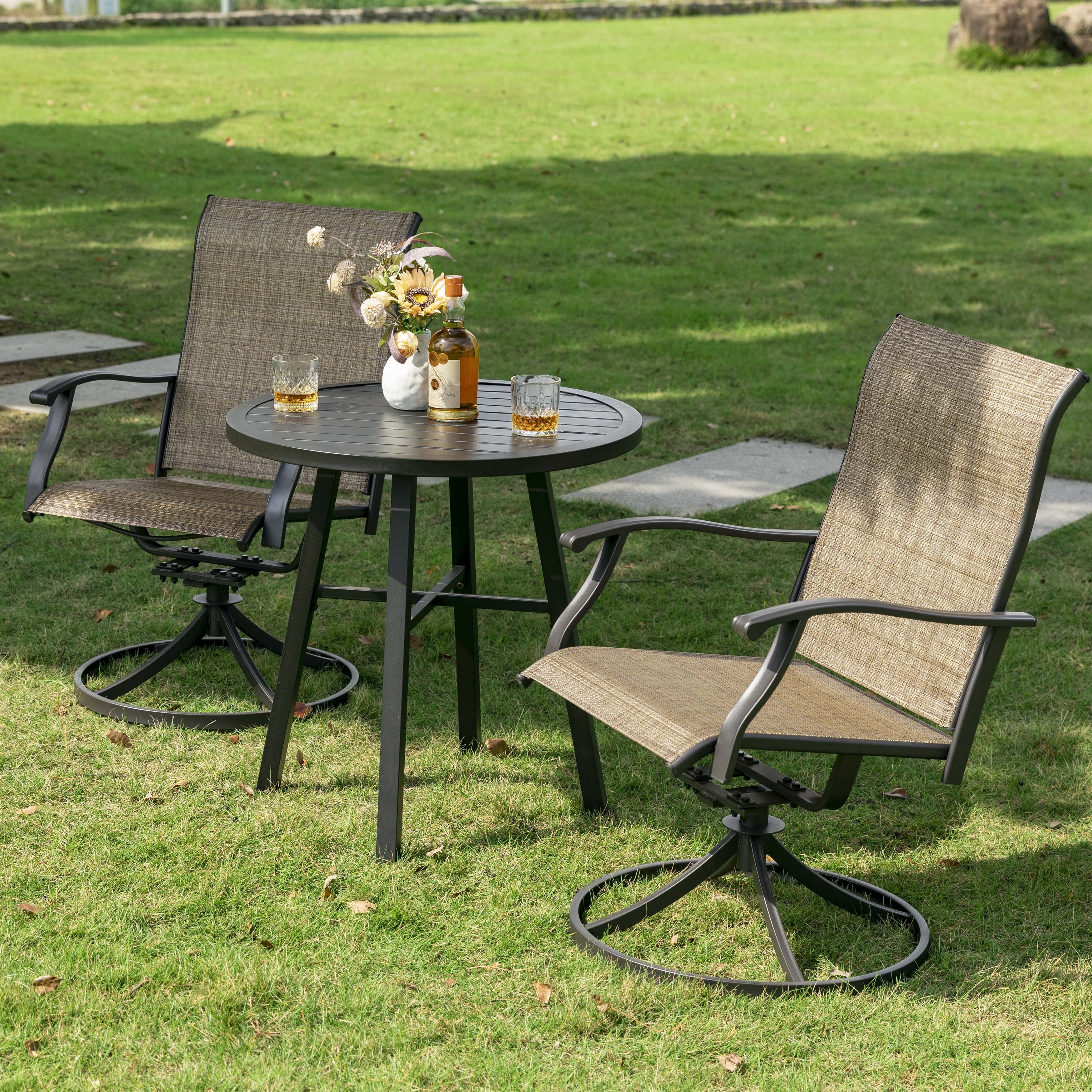 Nuu Garden 3 Piece Patio Bistro Set, Textilene Swivel Patio Chairs and Iron Table All-Weather Outdoor Furniture Set for Lawn, Backyard, Balcony, Brown