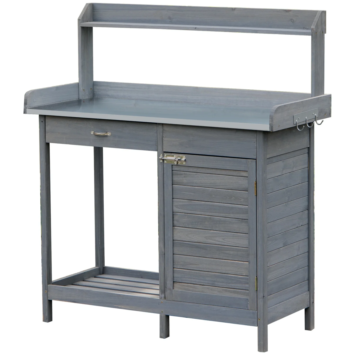 YLtoohoom Outdoor Potting Bench   Garden Work Station with  Cabinet  Open  and Steel Tabletop  Gray