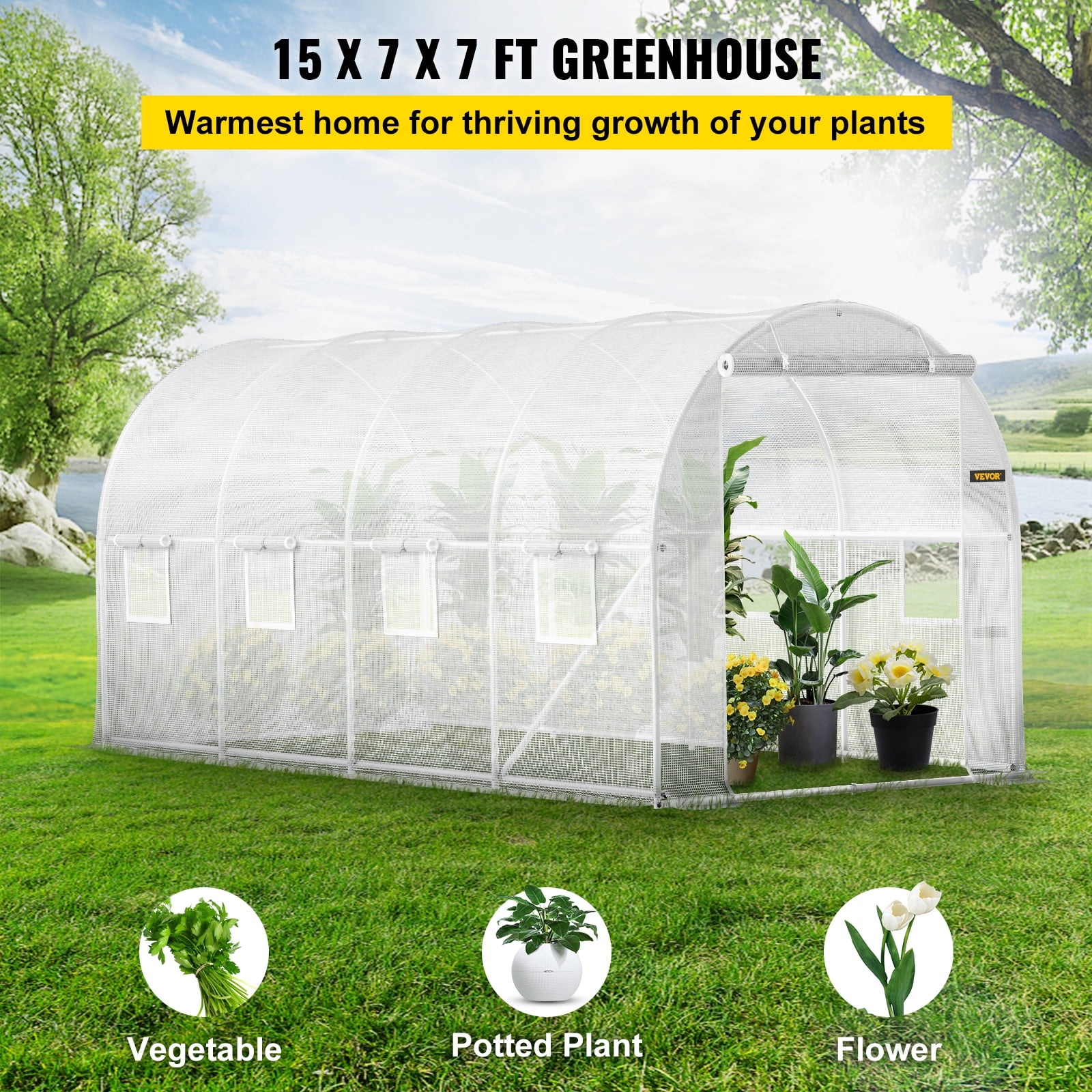 VEVORbrand Walk-in Tunnel Greenhouse, 15 x 7 x 7 ft Portable Plant Hot House w/ Galvanized Steel Hoops, 1 Top Beam, Diagonal Poles, Zippered Door & 8 Roll-up Windows, White