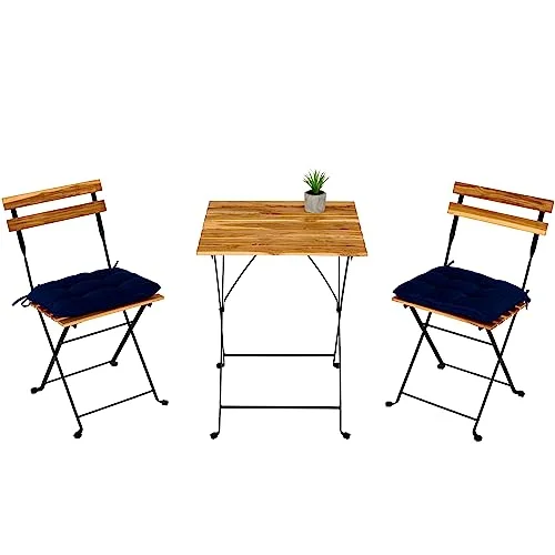 Outdoor Bistro Sets Solid Teak Wood Folding Table Set with 2 Chairs and Square Table and Waterproof Navy Cushion for Pool Beach Backyard Balcony Porch Deck Garden Patio Wooden Furniture