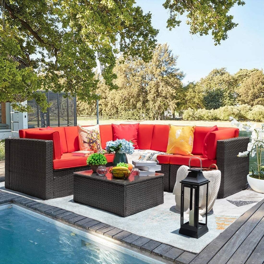 Homall  6-piece Rattan Wicker Outdoor Patio Furniture Set Red