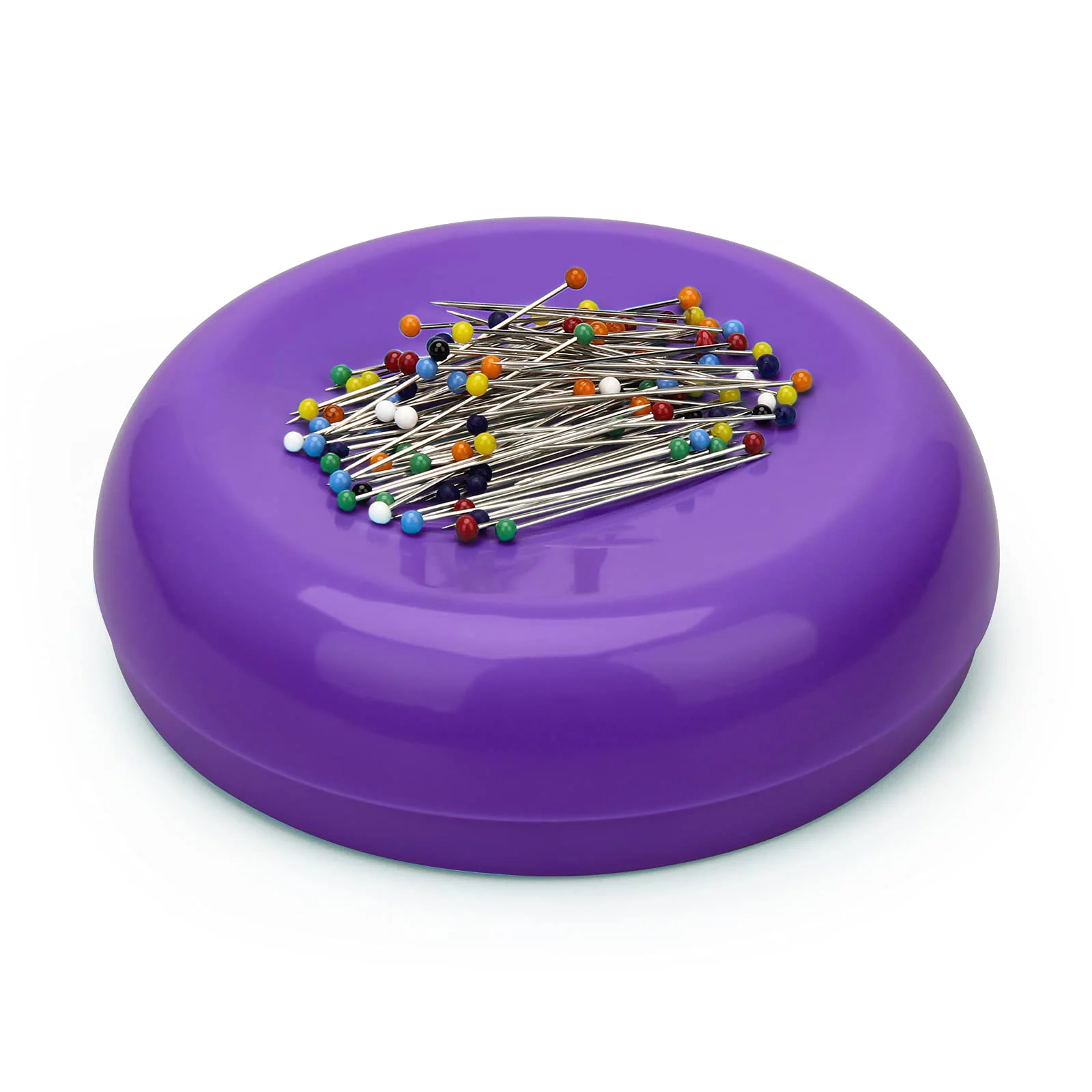 Plutput Magnetic Sewing Pincushion with 100 Plastic Head Pins, Magnetic Pins Holder for Sewing Quilting (Purple)