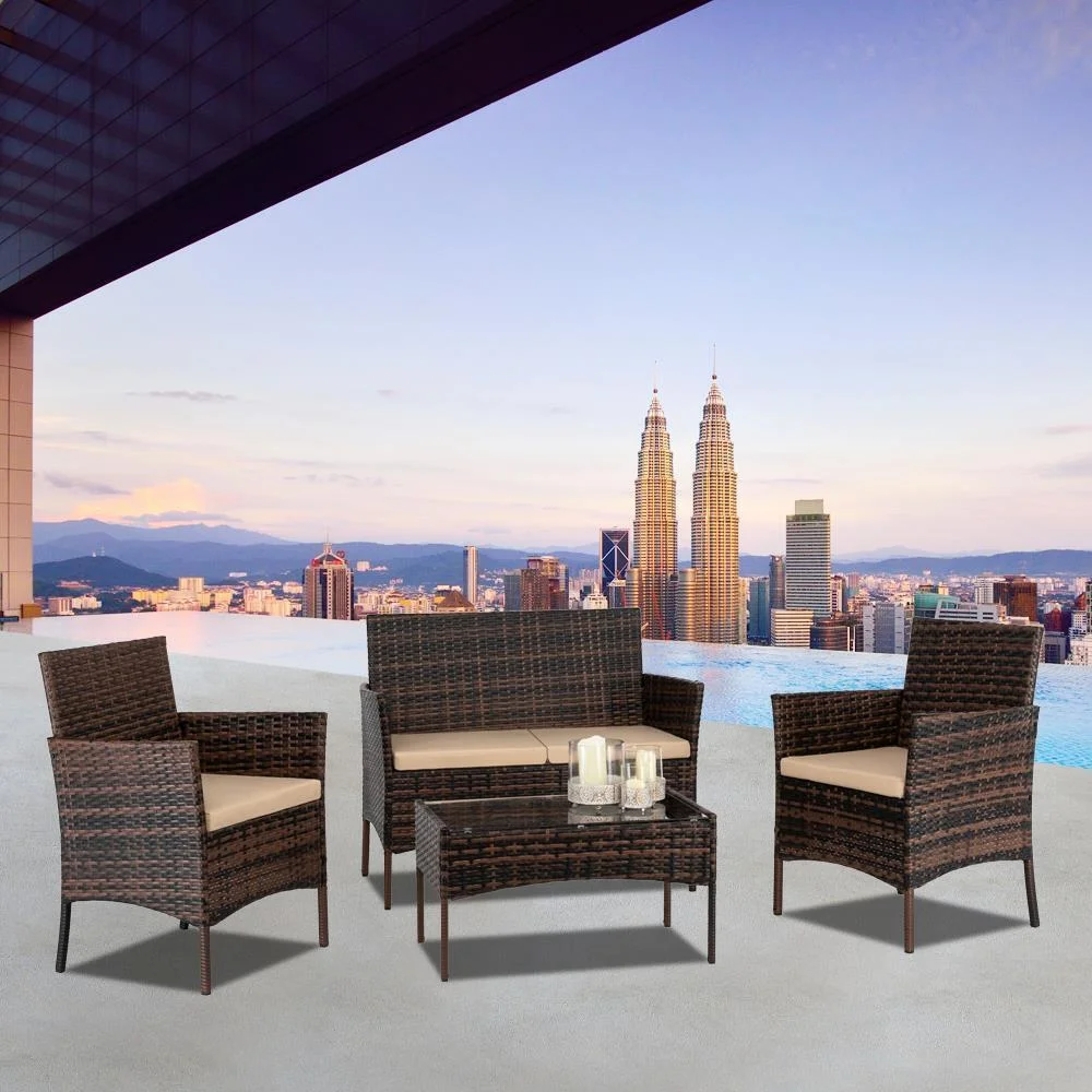 4 PCS Patio Rattan Furniture Set Sofa Chair Coffee Table Brown Gradient Garden