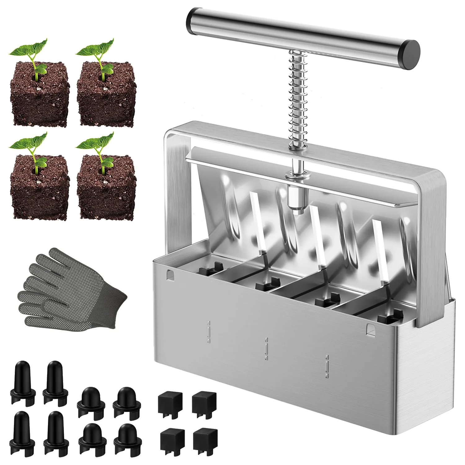 ROMUCHE Soil Block Maker, 4 Cell Soil Block Maker 2 Inch with 3 Sizes Seed Pins, Seed Handheld Block Maker with Comfortable Handle for Seed Starting, Grow Seedling Outdoor Plants Greenhouses Garden