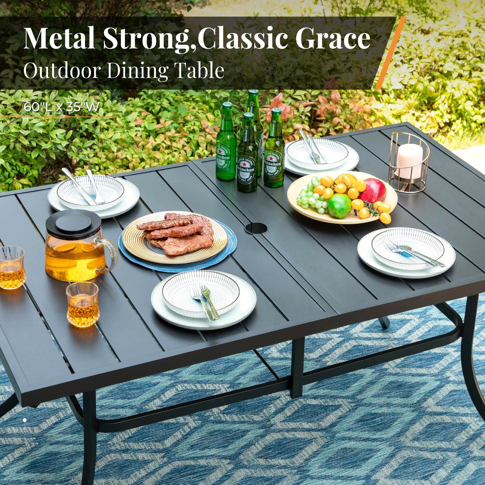 Patio Dining Set 7 Piece Metal Rectangle Patio Table with Umbrella Hole and 6 Metal Dining Chairs Table Style A