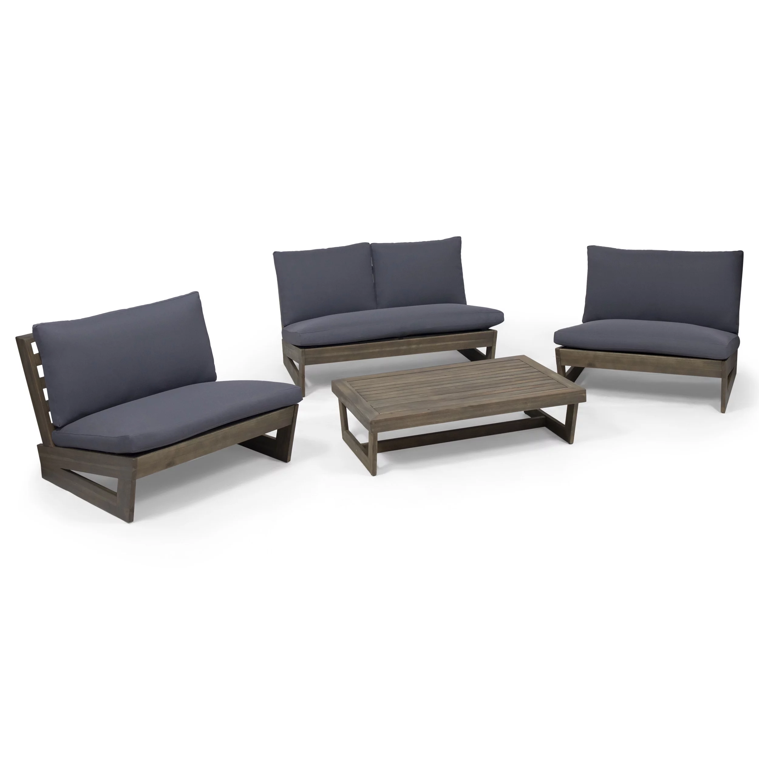 GDF Studio Elloree Outdoor Acacia Wood 4 Seater Chat Set with Cushions, Gray and Dark Gray