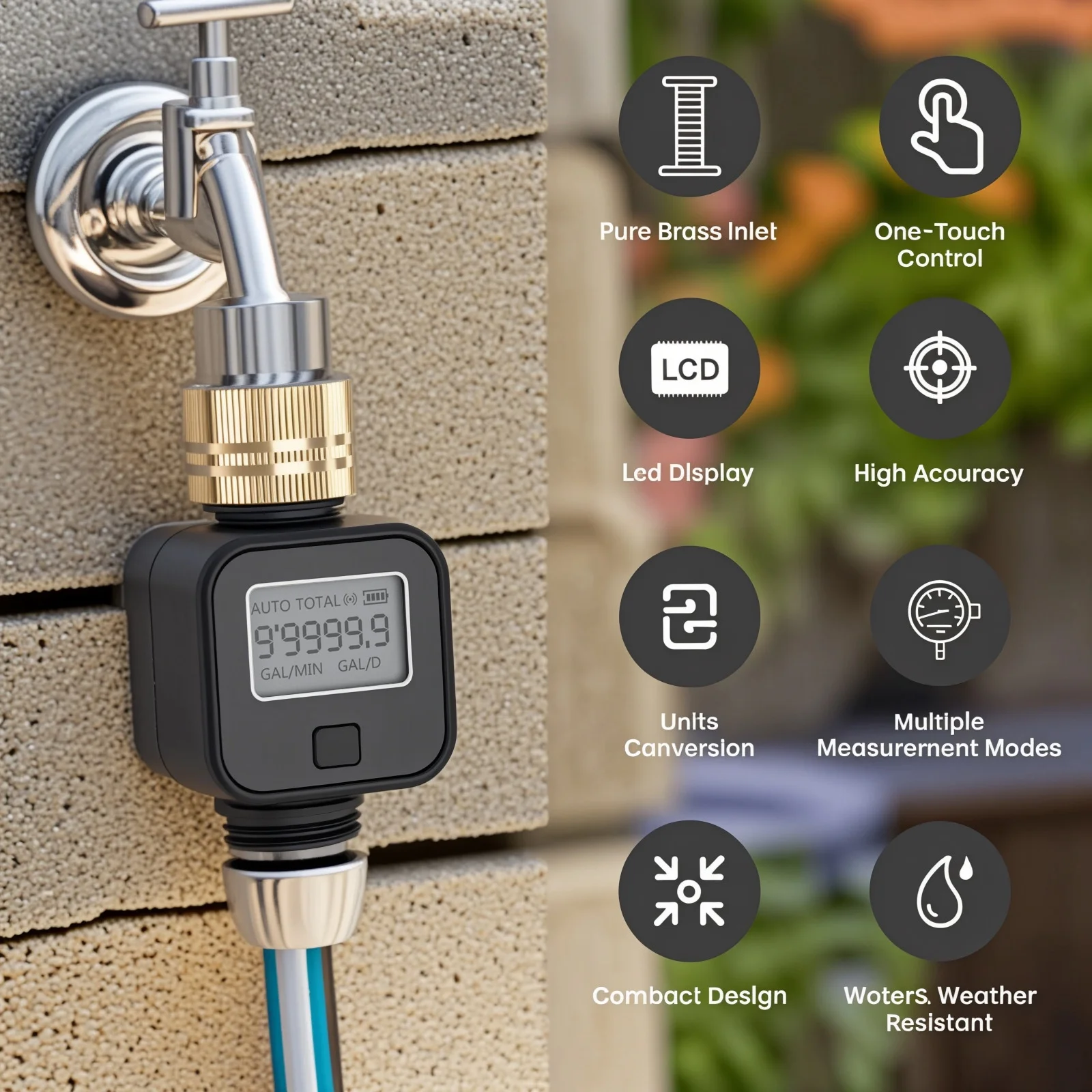 AUOSHI Water Flow Meter with Brass Inlet, Water Meter for Garden Hose Watering, Lawn Sprinkler, RV Water Tank Filling, Track Water Usage & Flow Rate, IPX5 Waterproof, Gallon/Liter