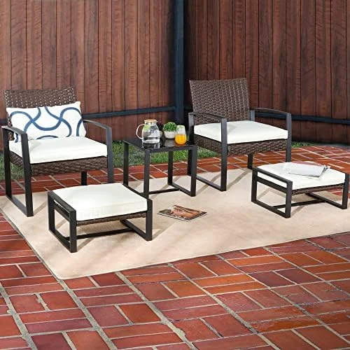 xrboomlife Patio Conversation Set 5 Pieces Outdoor Wicker  Sets Chairs with Ottoman 3.1" Thickness Cushions (Beige)