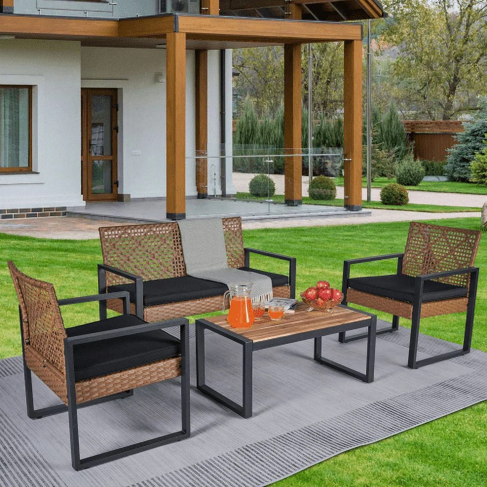 Zoeye 4-Piece Metal Frame Wicker Home Brown Patio Furniture Set