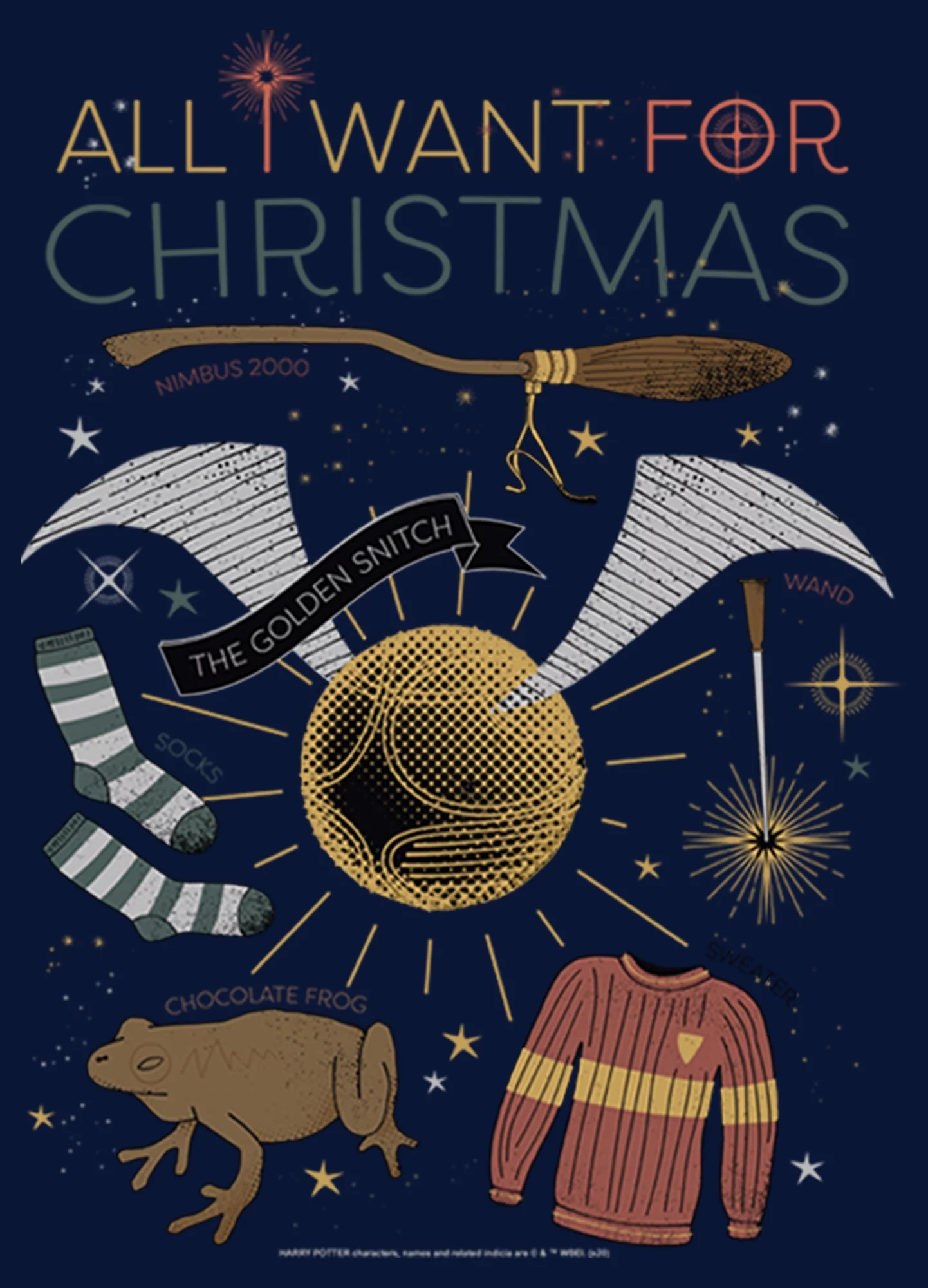 Boy's Harry Potter All I Want for Wizard Christmas  Graphic Tee Navy Blue X Small