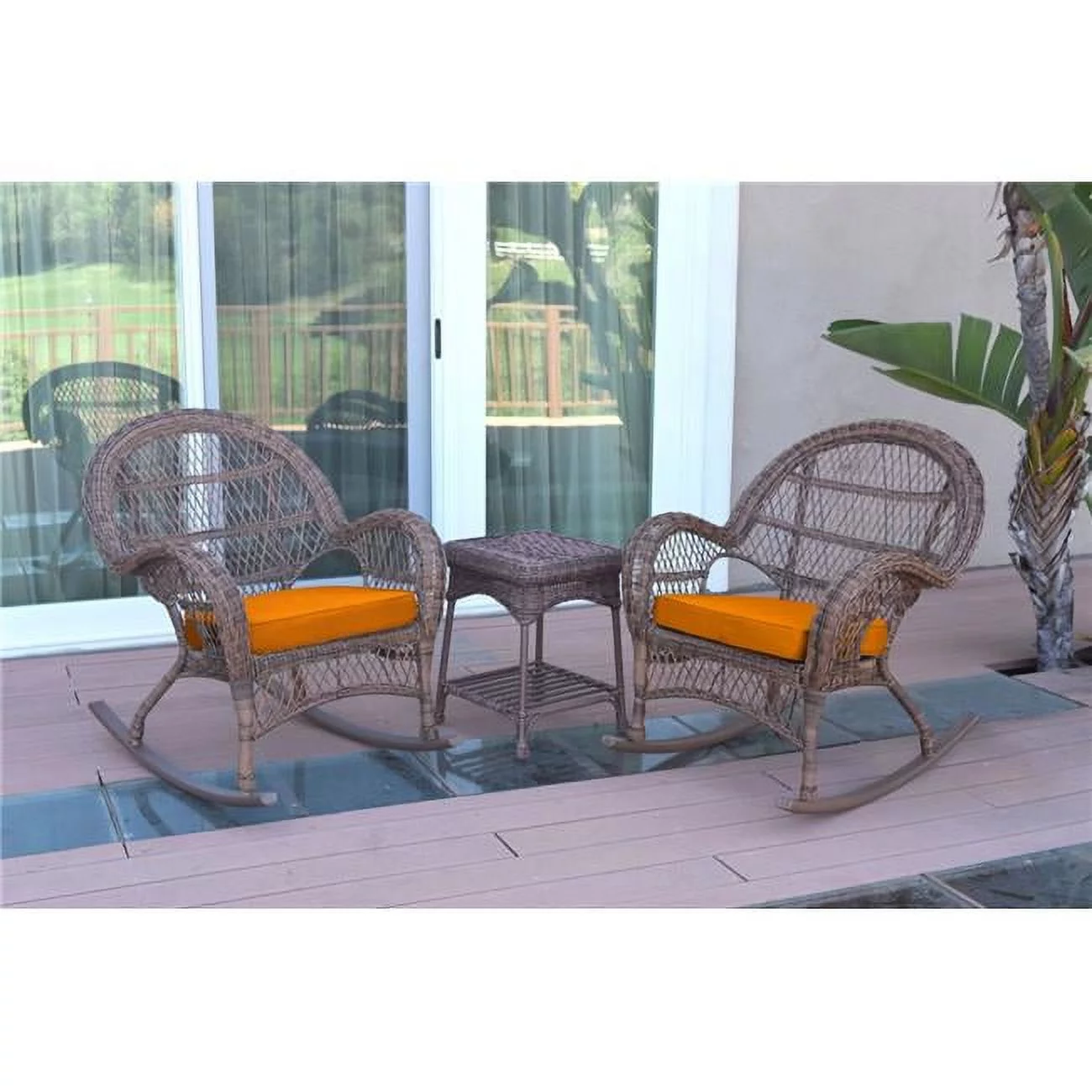 Jeco W00210-2-RCES016 3 Piece Santa Maria Honey Rocker Wicker Chair Set, Orange Cushion