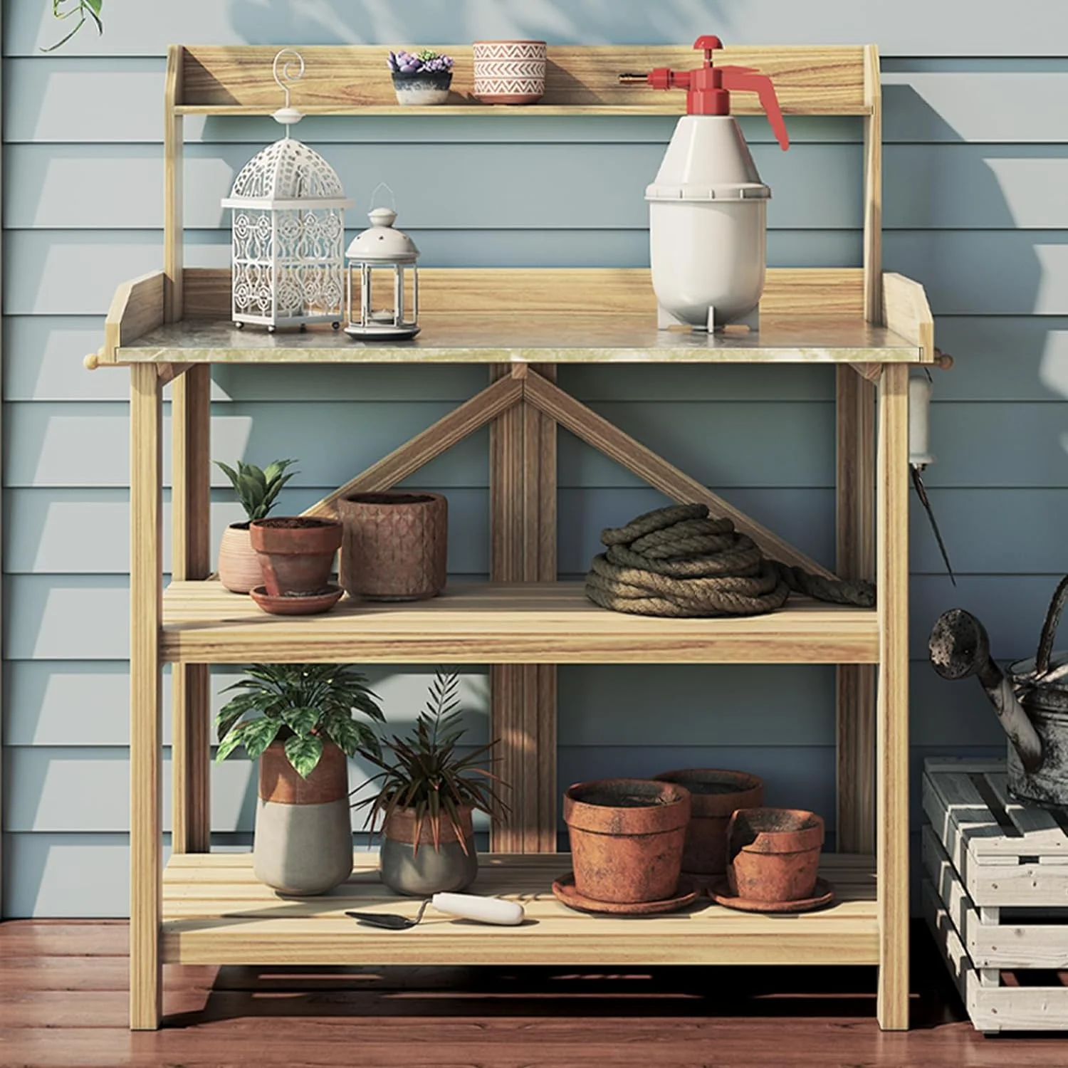 Garden Potting Bench, Gardening Work Station Table with 2 Storage Shelves, Fir Wood Structure and Metal Tabletop, Gardening Table Potting Benches for Outside Backyard Balcony