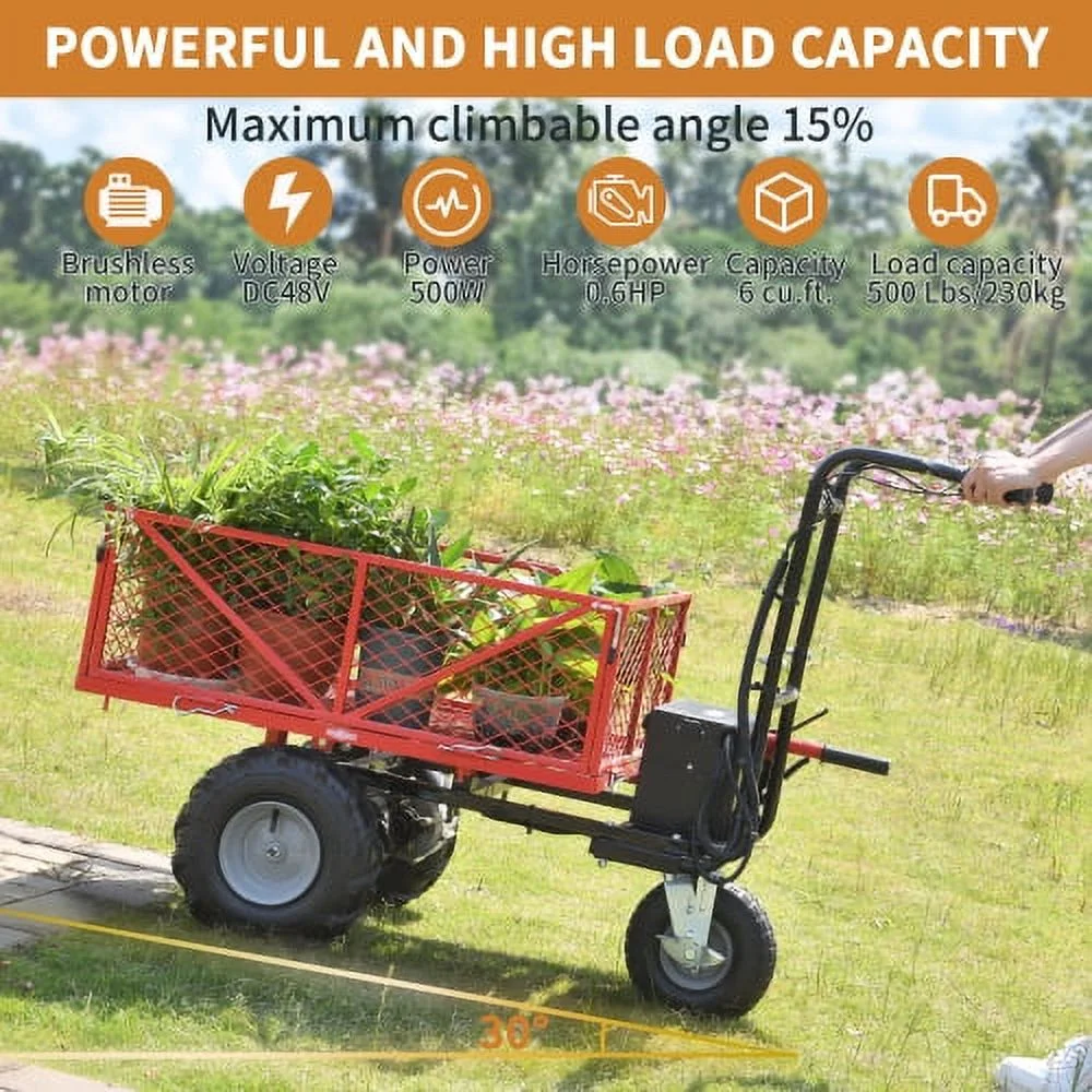 Buumin Wheelbarrow Utility Cart Electric Powered Cart 48V28Ah 500W Capacity 500lbs (230kg) Material Hauler 1000lbs Towing