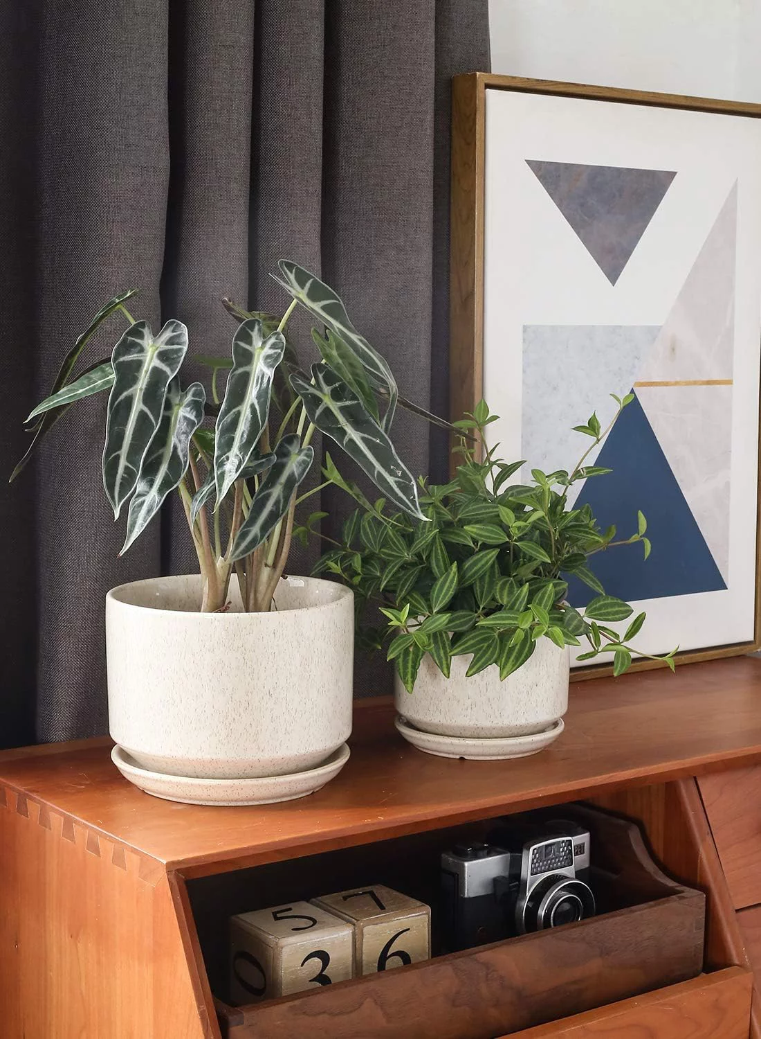 LE TAUCI 4.3+5.3+6.8 Inch Ceramic Plant Pots with Drainage Hole and Saucer, Set of 3, Reactive Glaze Beige