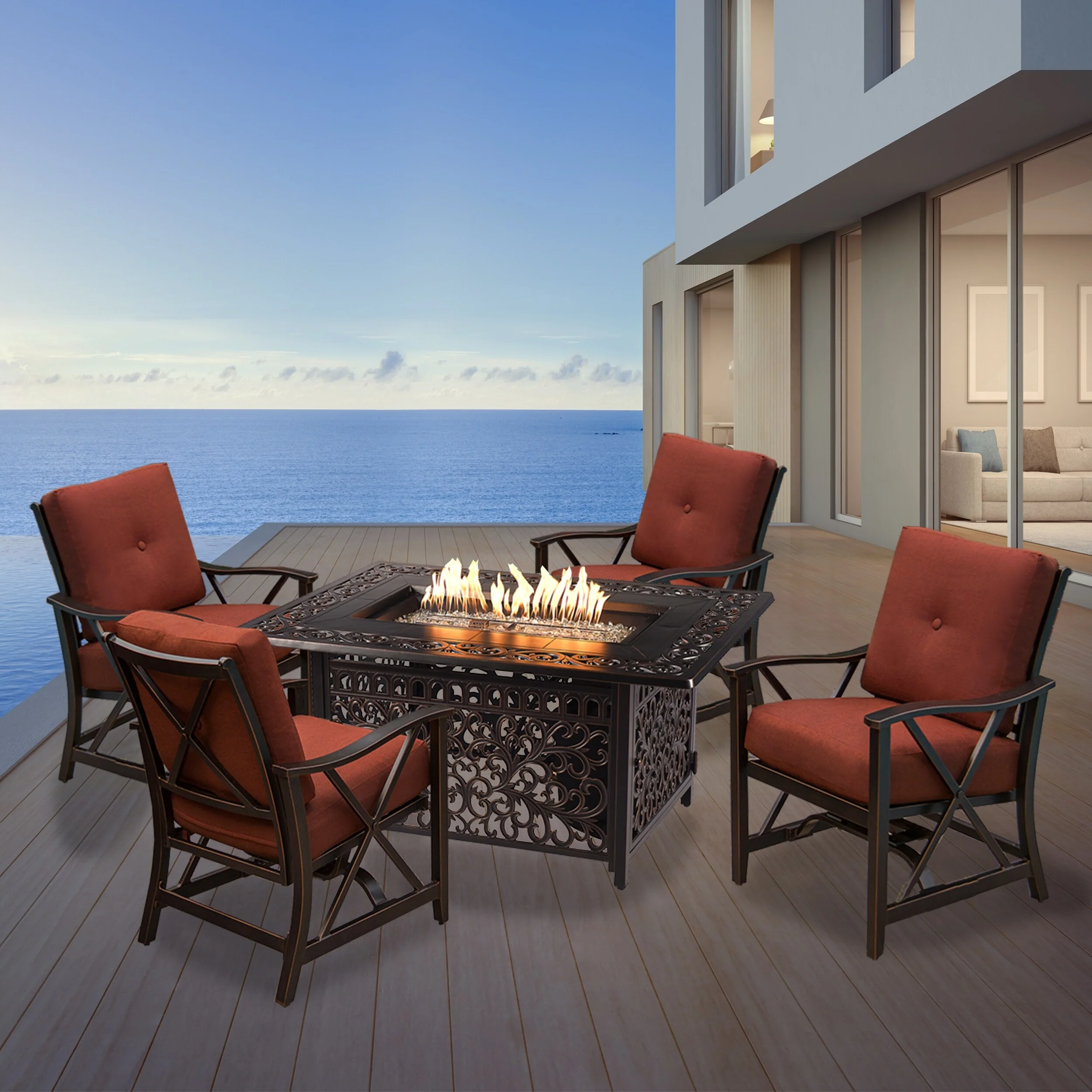 Oakland Living Corporation Aluminum 48-in Rectangular Antique Copper Fire Table Set with Four Deep Seating Rocking Chairs with Accessories - N/A