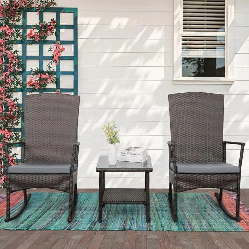 LNSETGC Outdoor Rocking Chair 3 Piece Porch Chairs PE Wicker Patio  Brown Rattan  Sets with Coffee Table  Grey Cushion