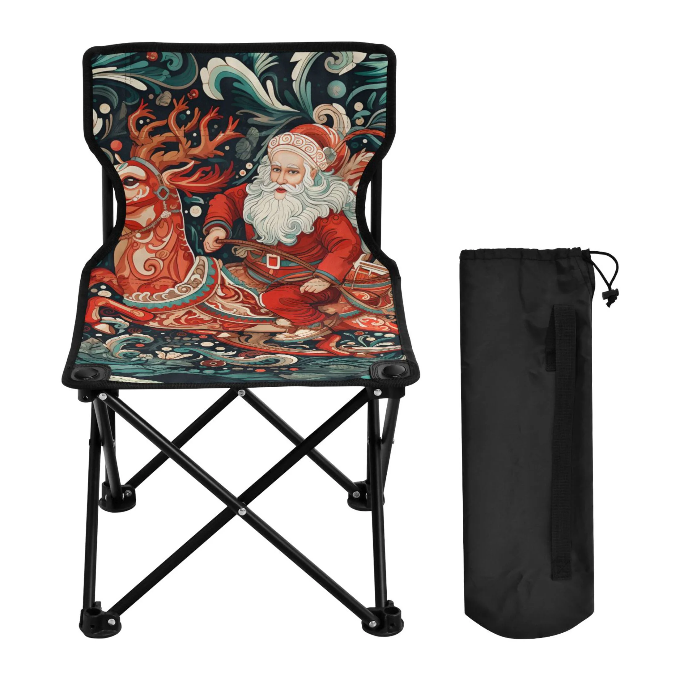 Christmas Santa with Deer Portable Camping Chair Outdoor Folding Beach Chair Fishing Chair Lawn Chair with Carry Bag Support to 220LBS
