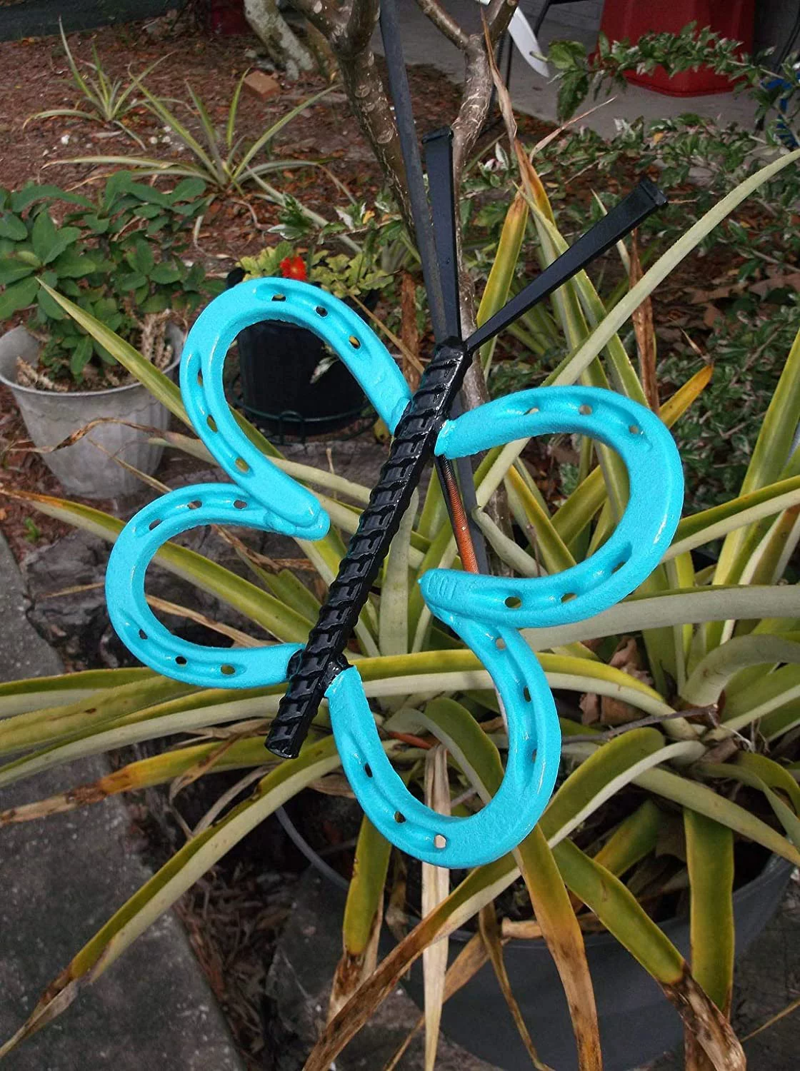 Teal Blue Horseshoe Butterfly Garden Art, garden stake, yard art