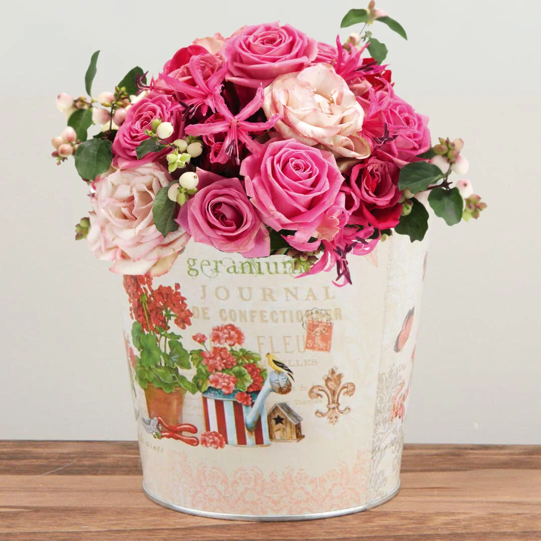 Red Geranium Print Tin Pail Planter - For Indoor Spring and Summer Arrangements and Home Decor