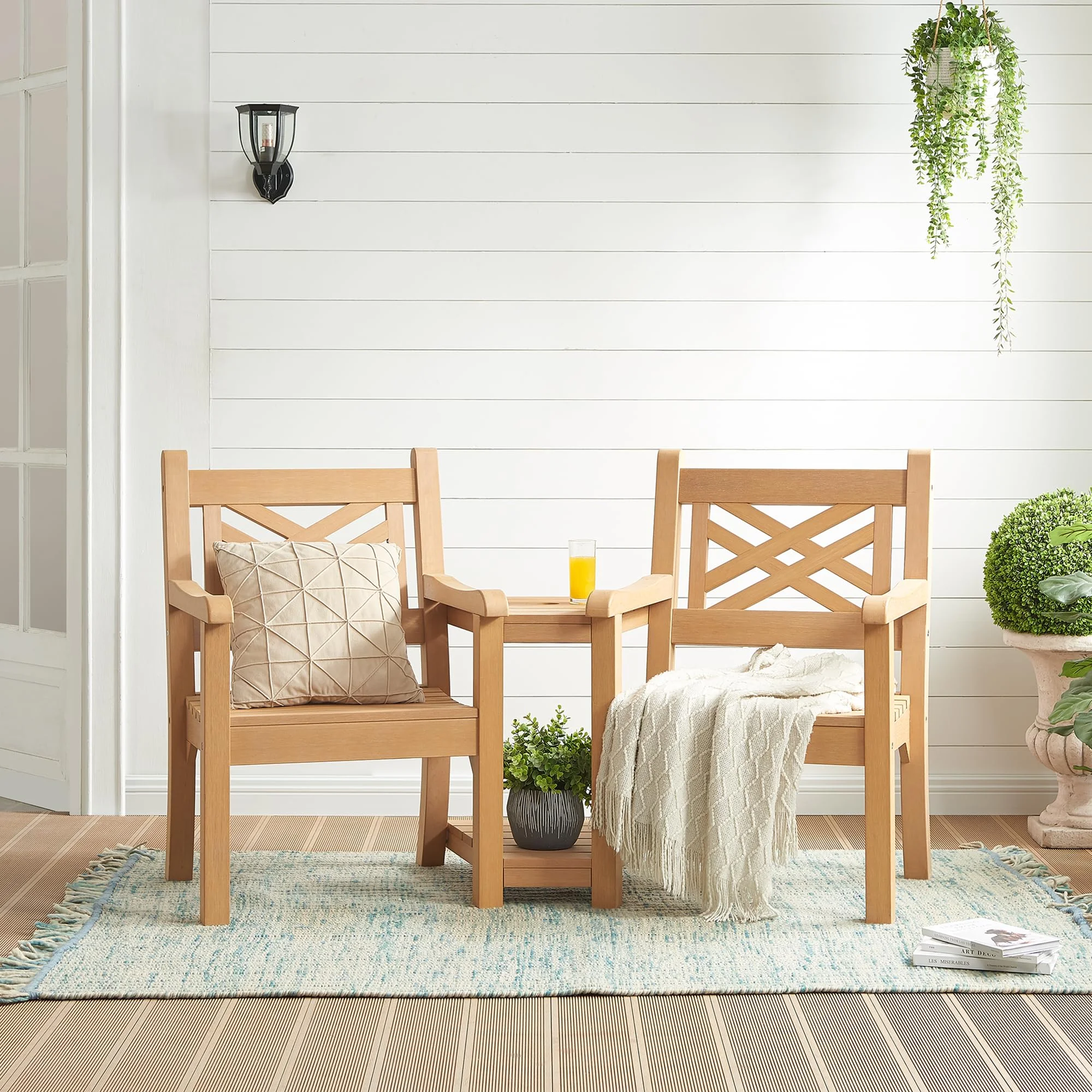 Efurden Patio Conversation Set, Poly Lumber Outdoor 3 Piece Patio Loveseat Set with Built-in Table & Umbrella Hole, Patio Furniture Suitable for Garden and Balcony, Teak