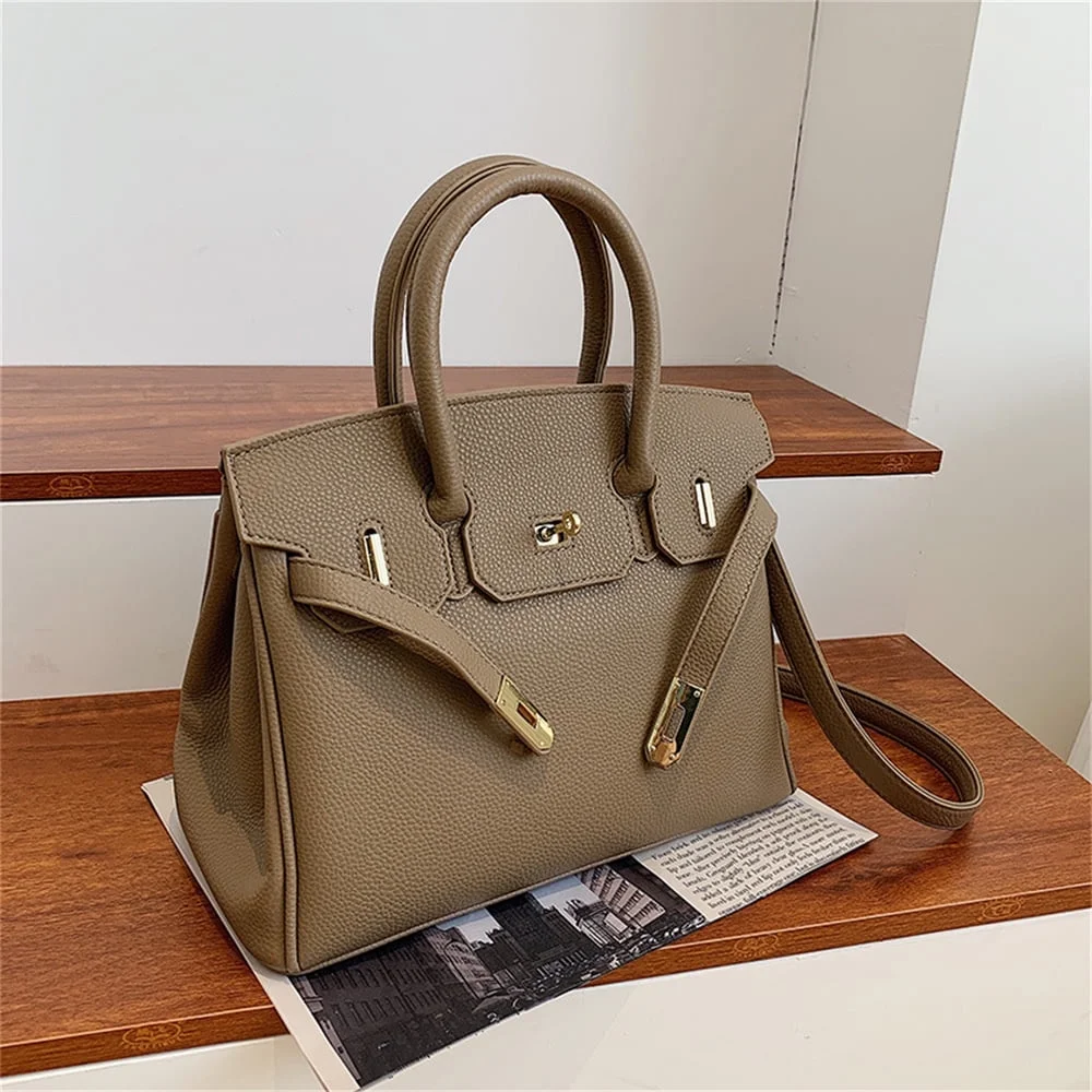 Leather Handbag for Women , Ladies Shoulder Bag Fashion Classic Lychee Pattern First Layer Cowhide Top Handle Satchel - Khaki