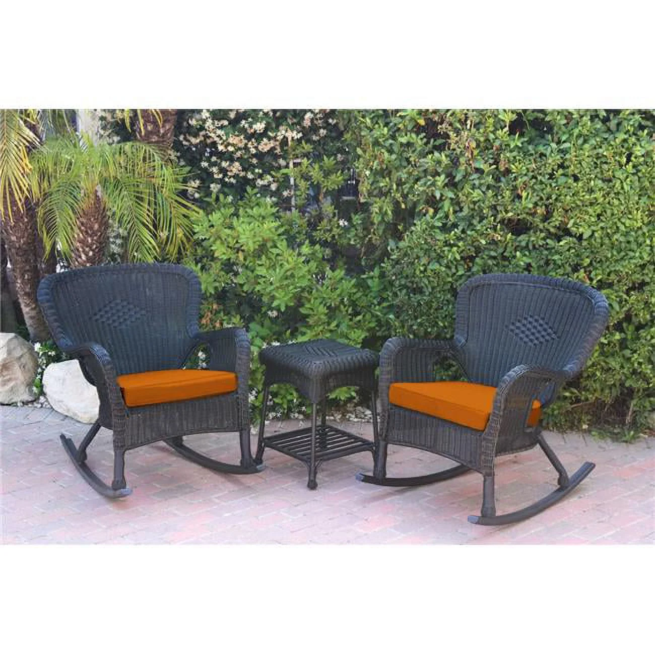 W00214-2-RCES016 Windsor Black Wicker Rocker Chair & End Table Set with Orange Cushion