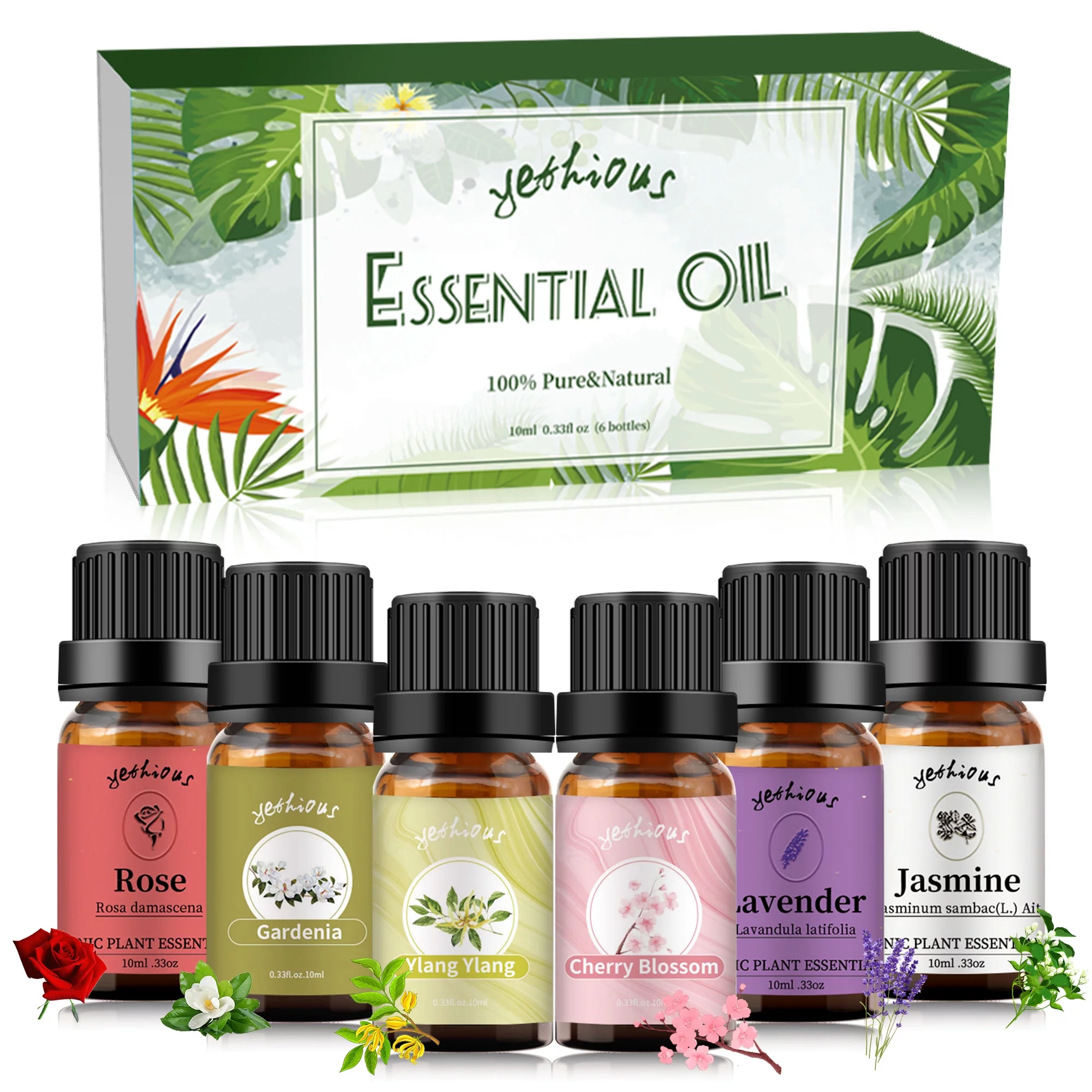 Yethious Rose Essential Oil for Aromatherapy & Diffusers, Fragrance, Soap Candle Making -Rose, Jasmine, Lavender, Ylang-Ylang, Cherry Blossom, Gardenia (6pcs in a box)