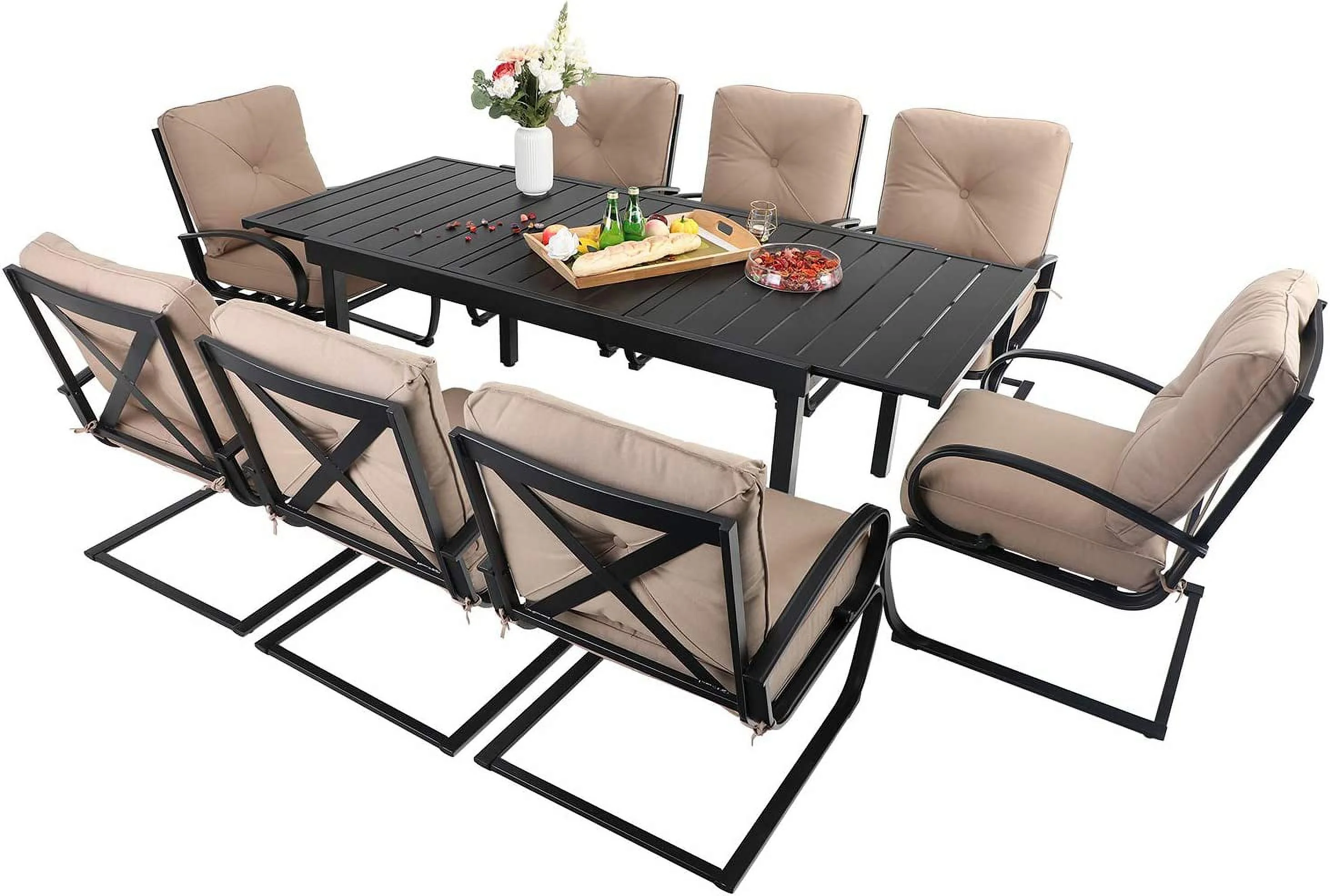 & William Patio Dining Set 9 Piece Expandable Outdoor Table Furniture Set with 8 Metal Spring Motion Dining Chairs and 1 Rectangular Bistro Deck Table with Leaf  Beige