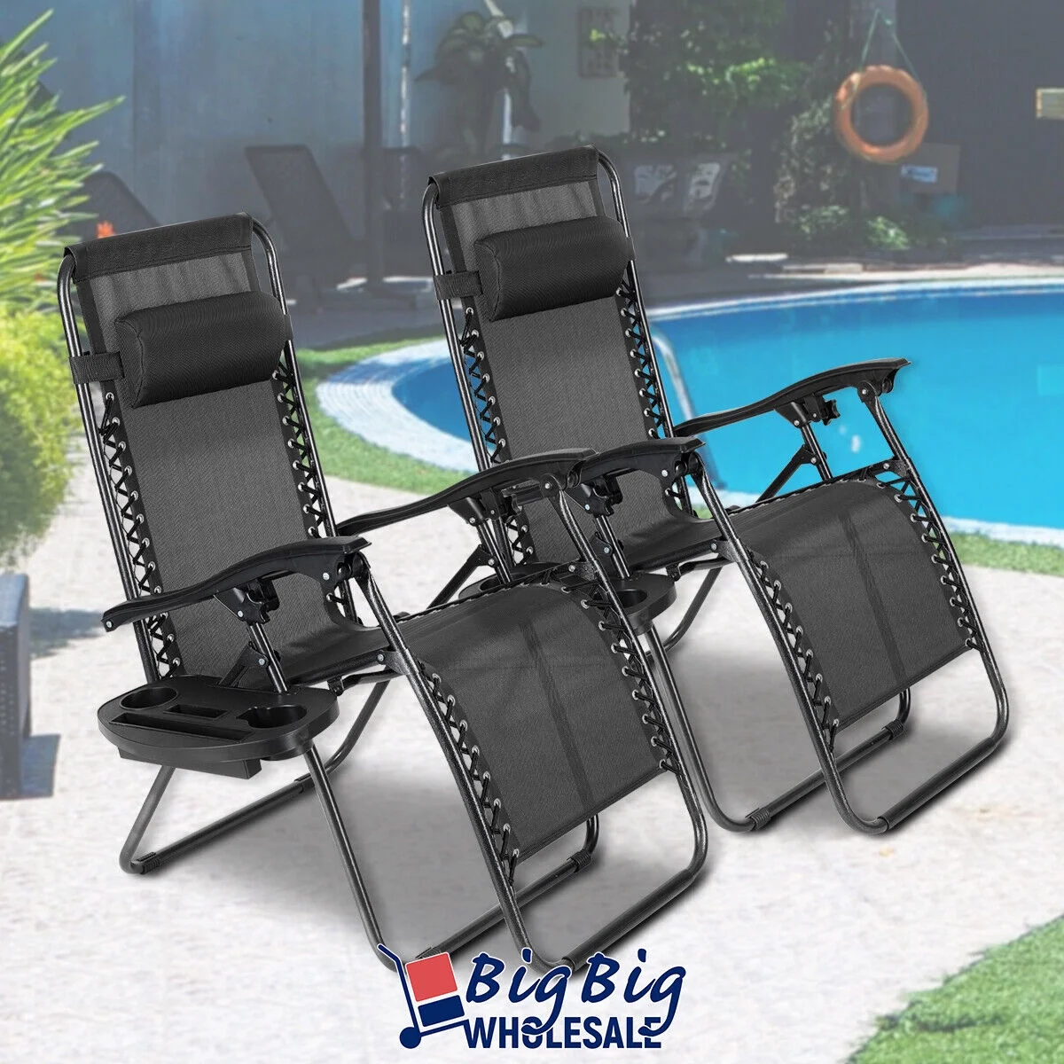 2PC Zero Gravity Chair Folding Outdoor Patio Beach Recliner Mesh Cup Holder Tray