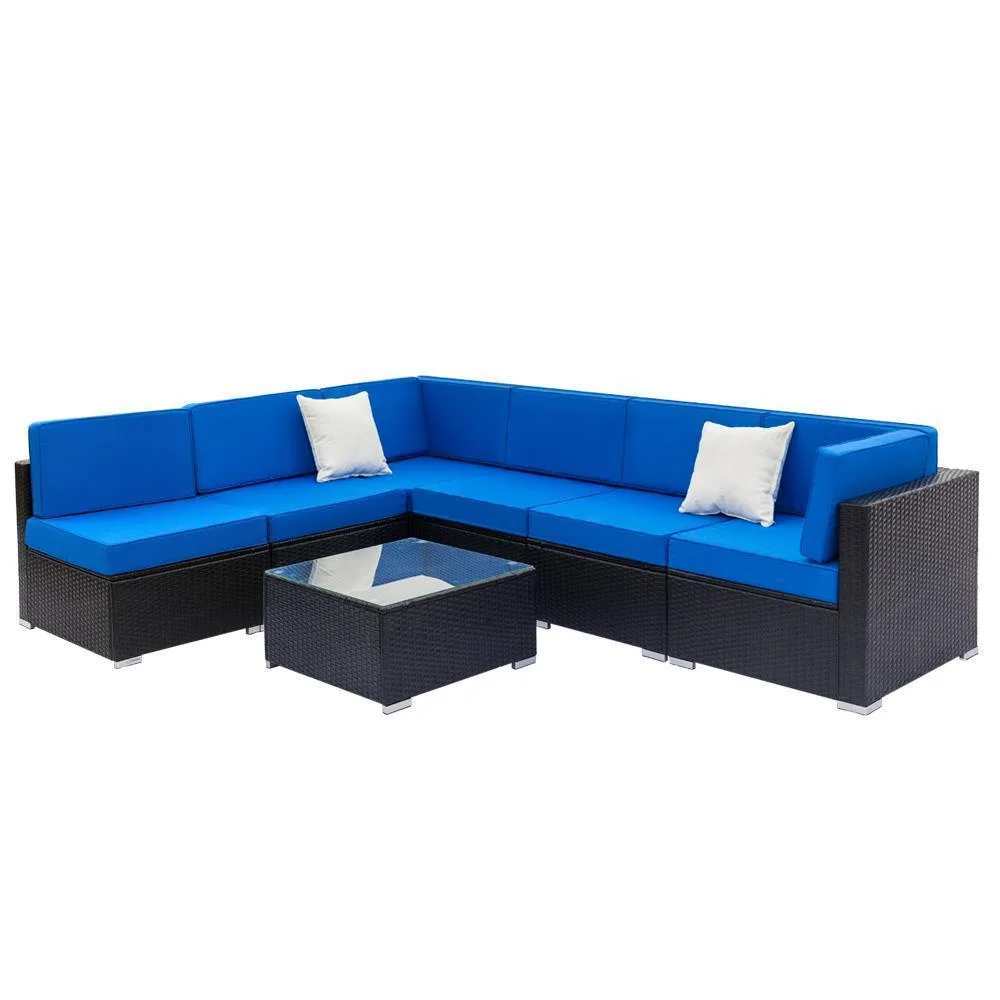 7 Pieces All Weather Patio Rattan Furniture Wicker Royal Blue Cushioned Sofa Set