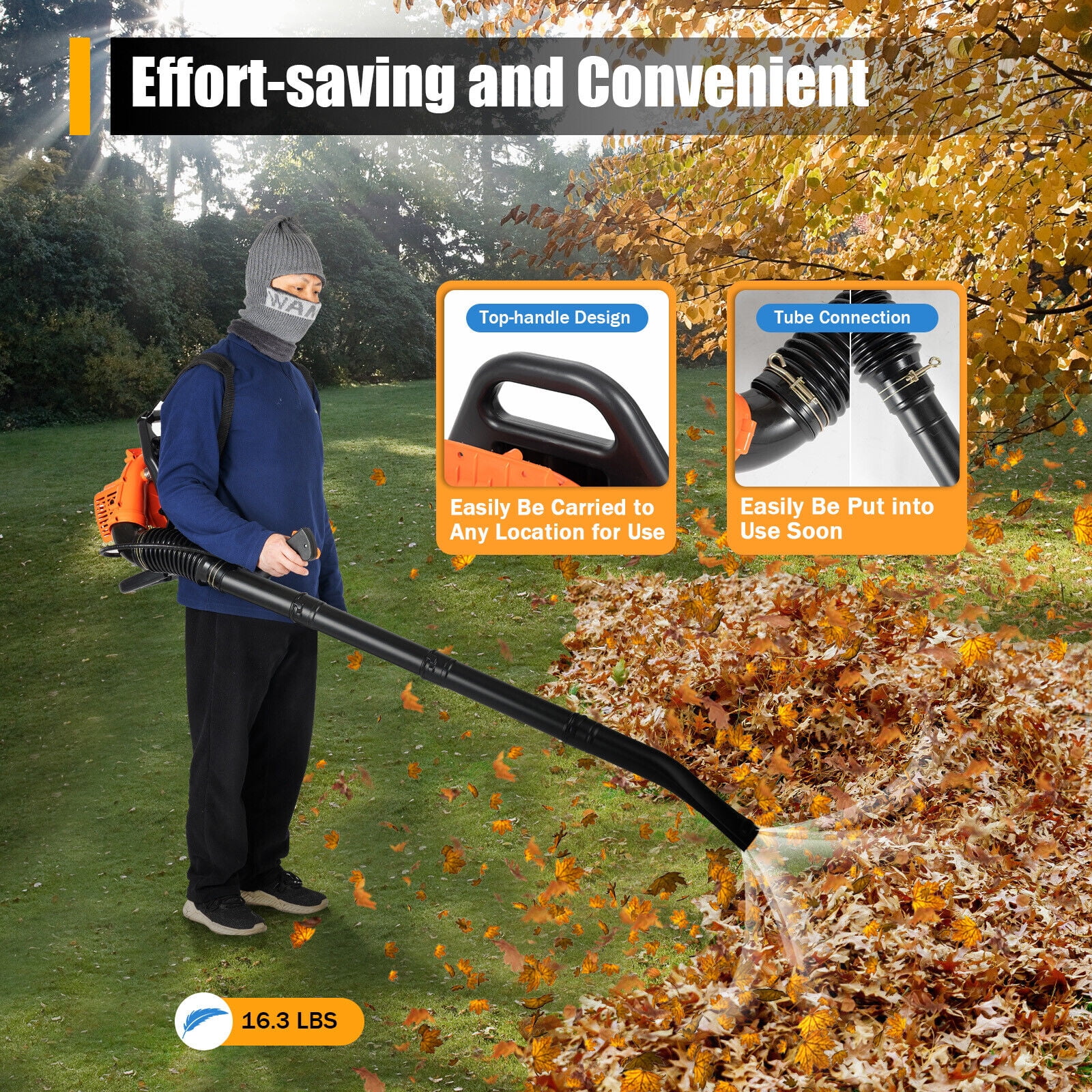 MONIPA Backpackable Snow-Blowing 2 Stroke Gas 42.7cc Backpack Blower Horizontal bar Professional Gas Backpack Leaf Blower