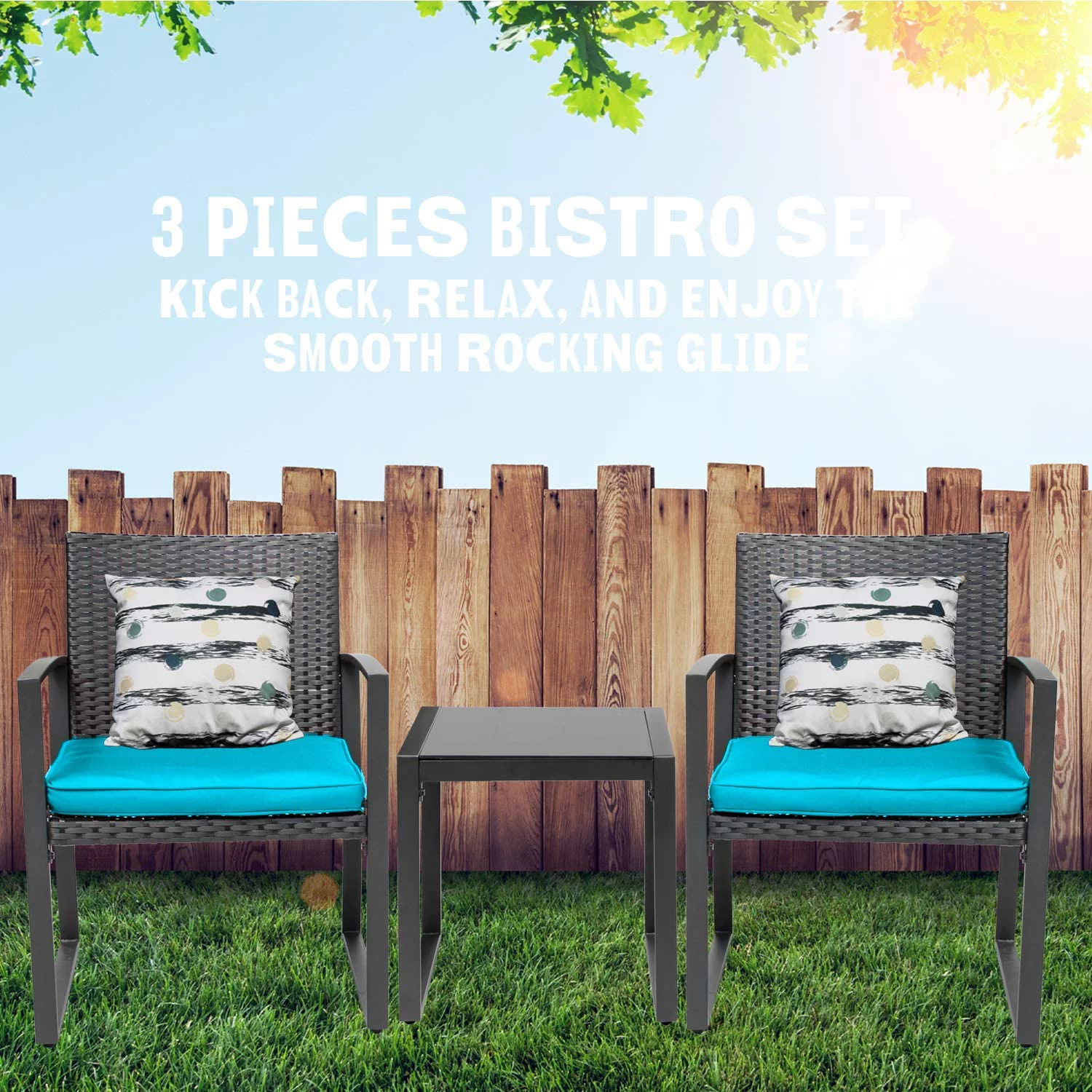 Patio Garden Balcony and Backyard 3-Piece Conversation Black Wicker Furniture-Two Chairs with Glass Coffee Table Light Blue