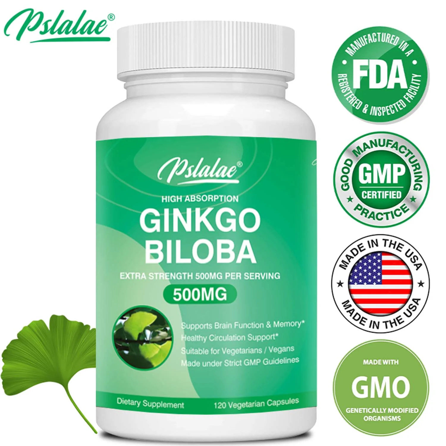 Pslalae Ginkgo Biloba Capsules 500mg - Memory Mental Focus Brain Boosting Supplements (30/60/120pcs)