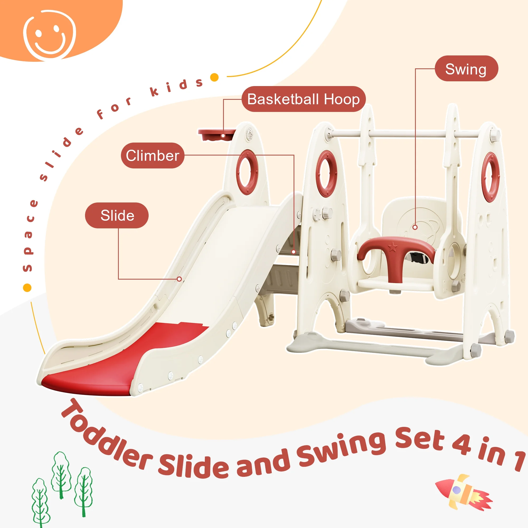 4 in 1 Toddler Slide and Swing Set, Kids Playground Climber Slide Playset with Basketball Hoop,Freestanding Combination for babies