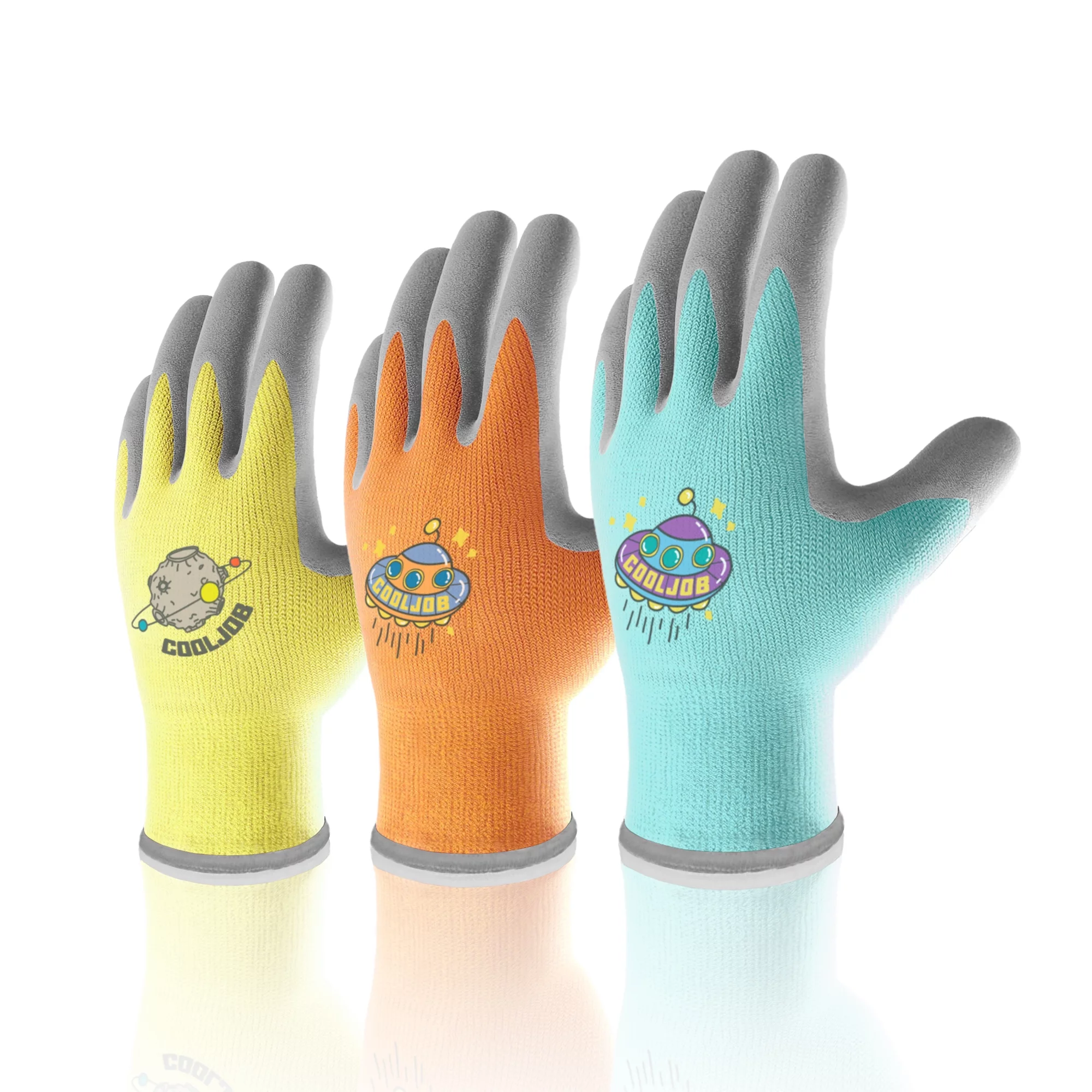 COOLJOB 3 Pairs Kids Gardening Gloves for Age 6-8, Children Grippy Rubber Coated Garden Work Gloves, Orange & Green & Yellow, Medium Size M