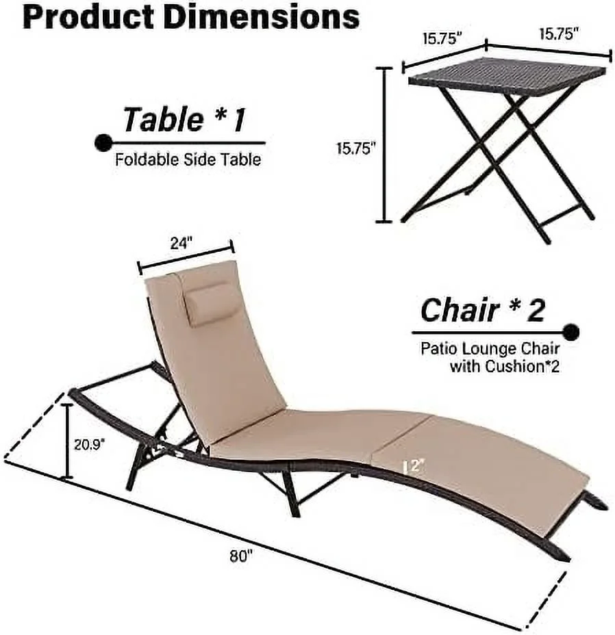 QYFZBIM Patio Chaise Lounge Set 3 Pieces Outdoor Lounge Chair with Rattan Adjustable Backrest Armrest and  for Beach Patio Sand  for Poolside Backyard Porch