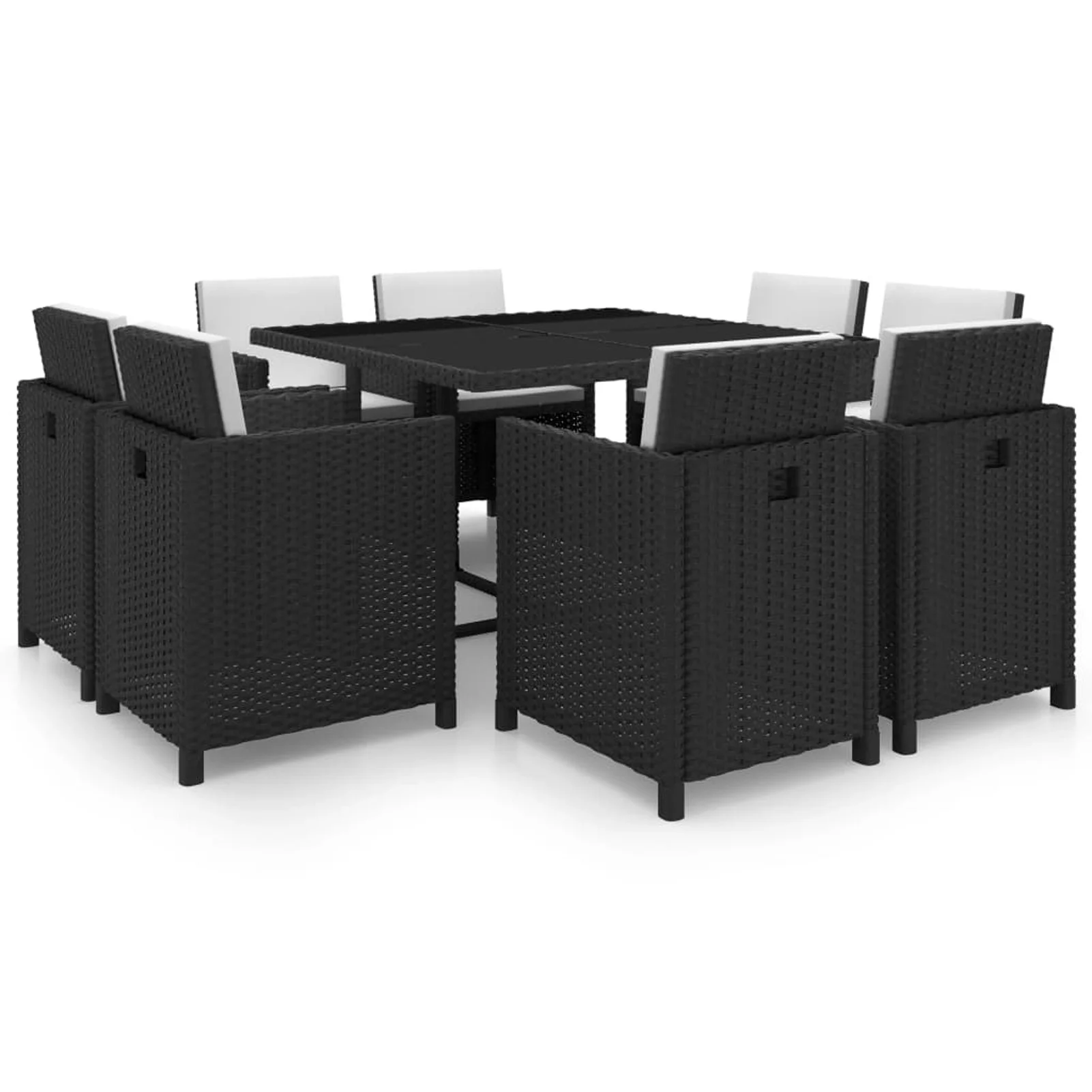 Carevas 9 Piece Patio Dining Set with Cushions Poly Rattan Black