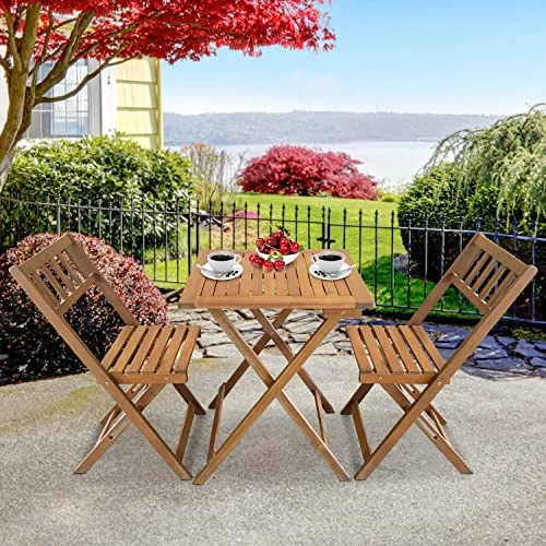 3 Piece Wooden Patio Bistro Set, Outdoor Folding Bistro Set Small Bistro Table and Chairs Set of 2 for Porch Balcony Lawn Yard Bistro Deck Bed Patio Furniture Set Steel Cafe Table And Chairs Set