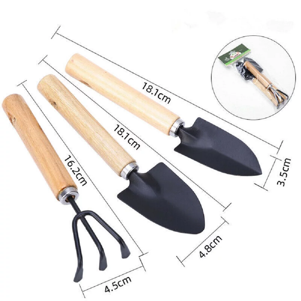 3 Piece Gardening Tool Set Mini Wood Handle Shovel Trowel Gardening Tools