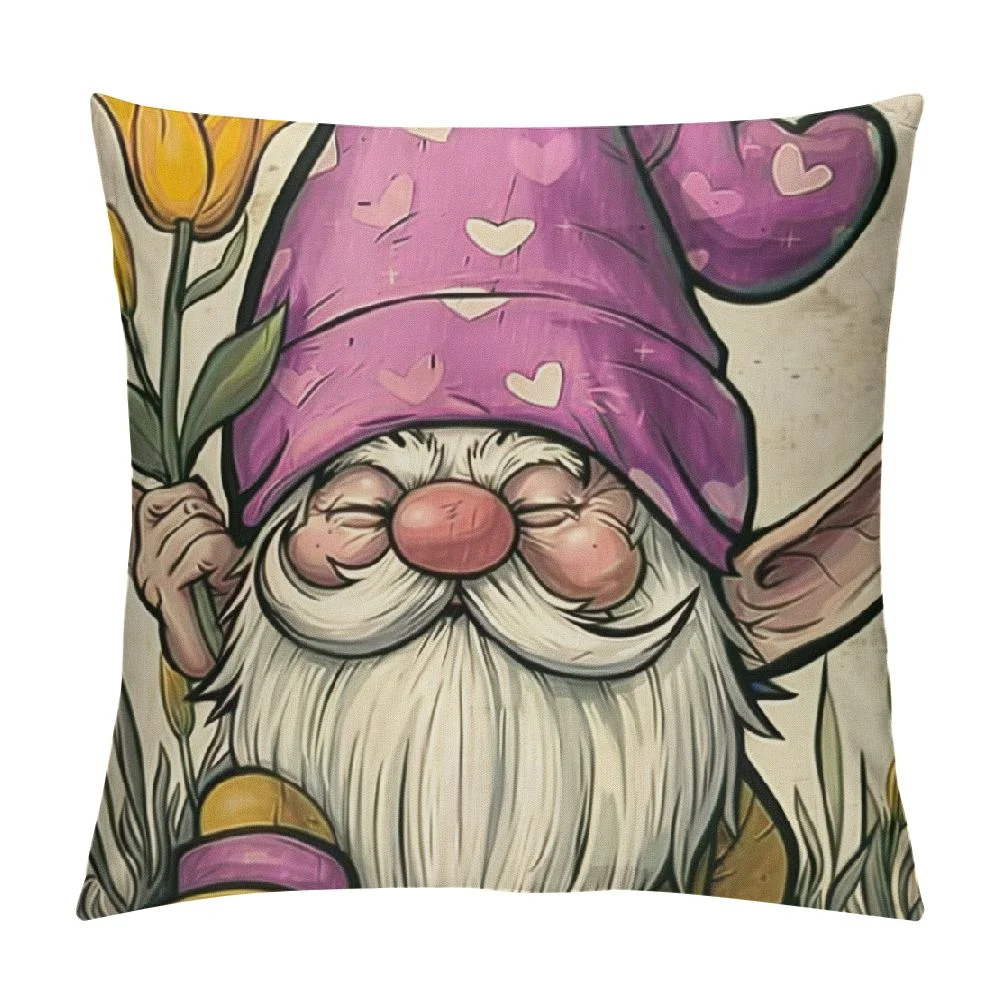 Fenyluxe Happy Easter Bunny Gnome Decorative Throw Pillow Covers, Bless This Nest Rabbit Ears Eggs Porch Outdoor Home Decor, Carrot Tulip Flower Colorful Stripes Couch Cushion Case 12x12in
