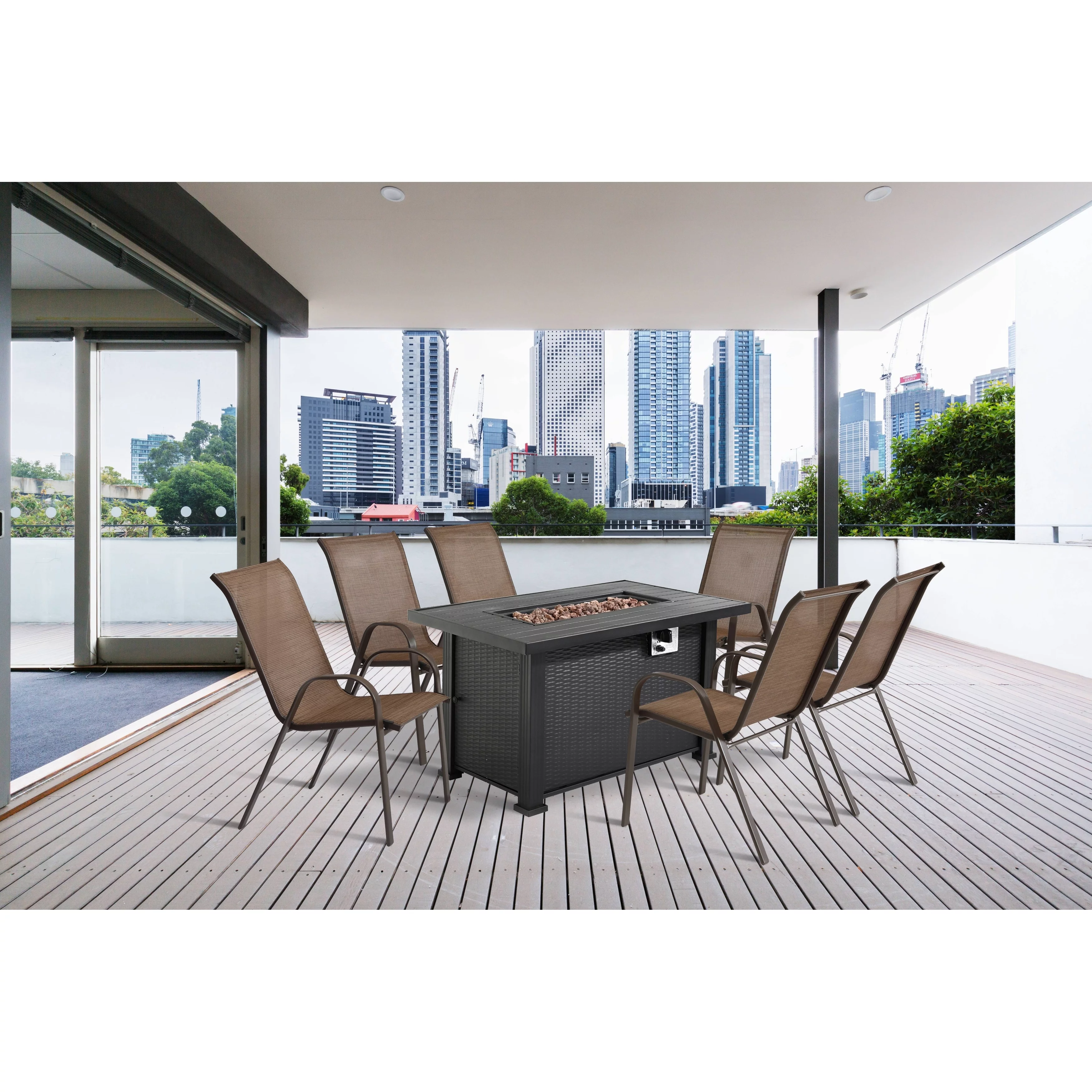 7 Piece Patio Dining Fire Pit Set Wavy Brown