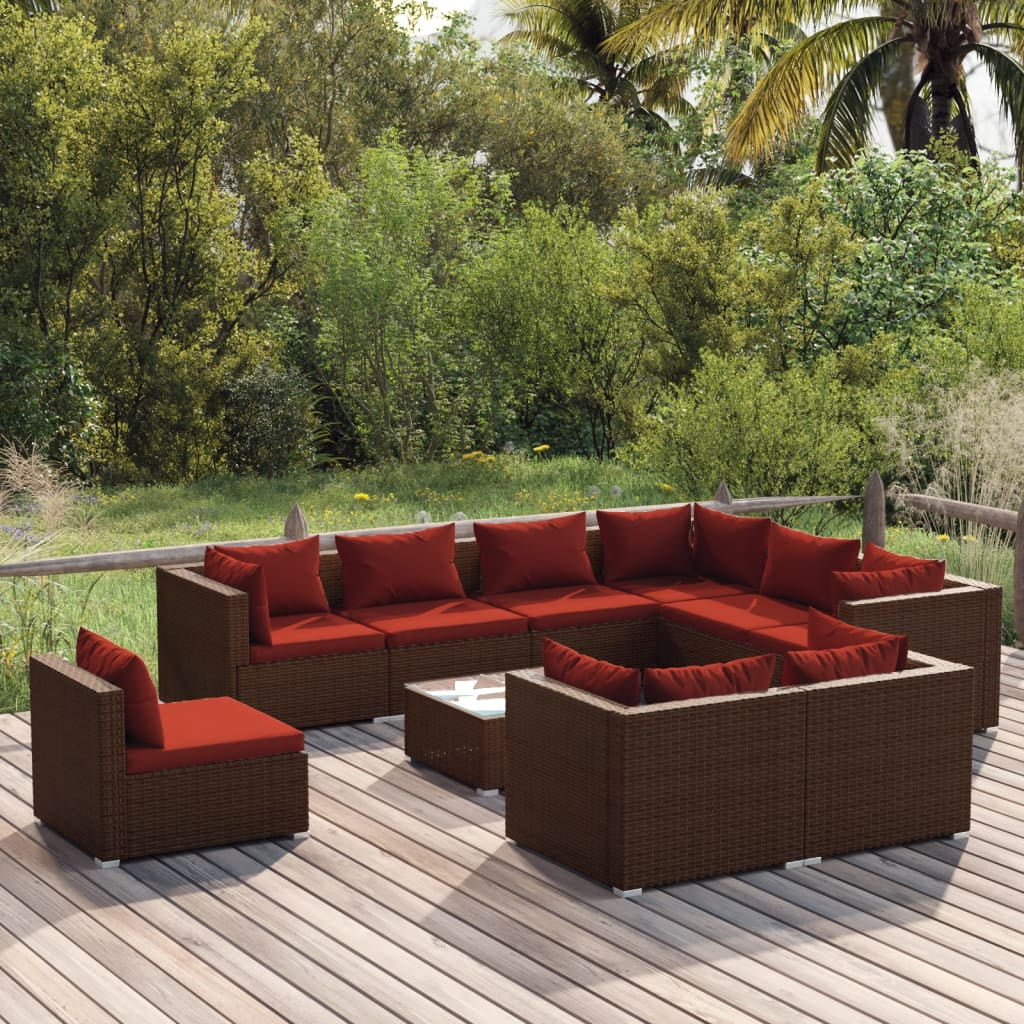 Carevas 10 Piece Patio Set with Cushions Poly Rattan Brown