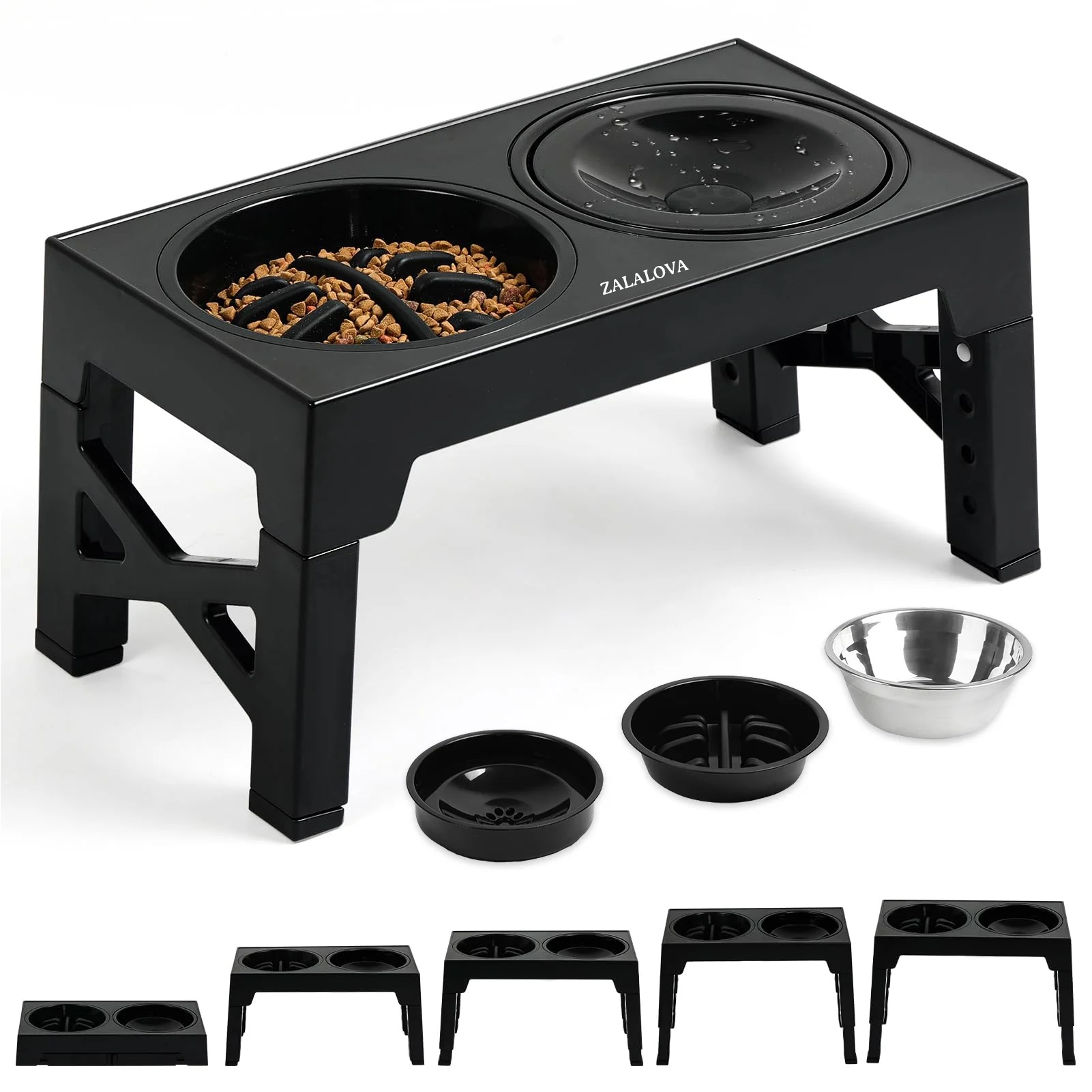 ZALALOVA Elevated Dog Bowls,Slow Feeder Dog Bowls with No Spill Dog Water Bowl, Non-Slip Food and Water Bowls with Stand for Medium and Large Dogs(Black)